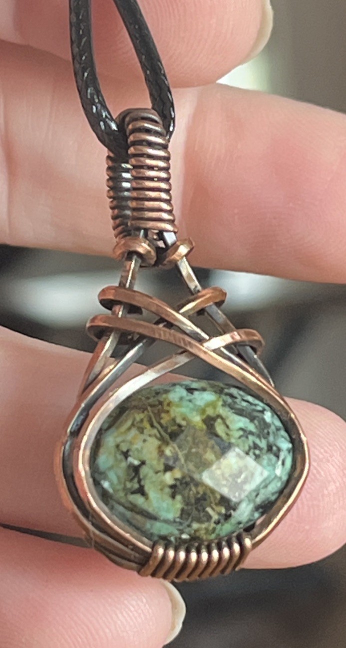 African Turquoise (Jasper) ~ Handmade Copper wire wrapped pendant jewelry 3j