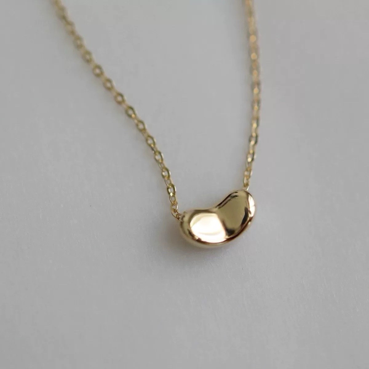 Solid 14K Yellow Gold Bean Pendant Necklace AU585 Stamp, 16.5” Adjustable