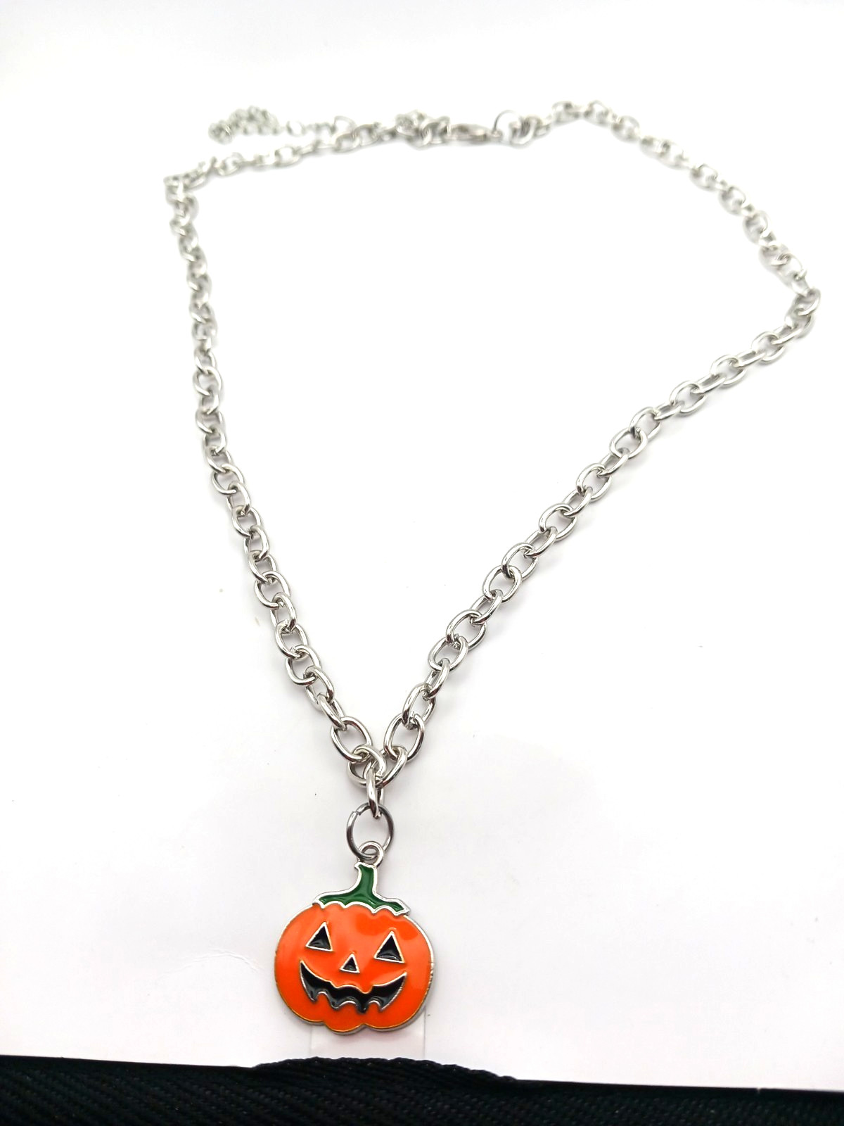 Jack O Lantern Halloween Silver Tone Pendant Necklace-21 Inches