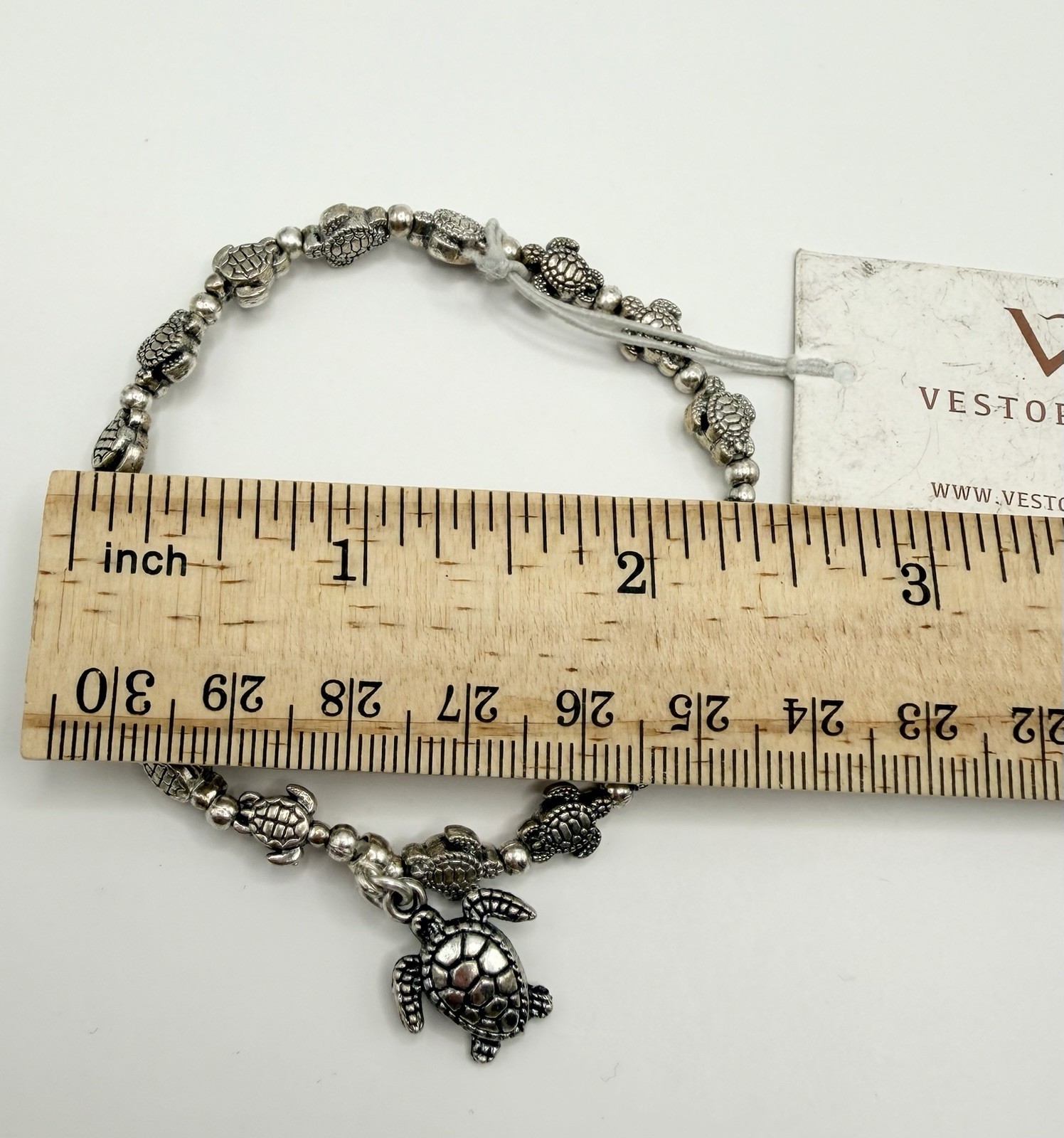 VTG Vestopazzo Silver-Plated Turtle Bead Charm Bracelet Elastic New Old Stock