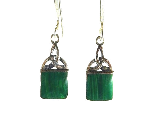 Lab-Created Malachite Sterling Silver Triquetra Celtic Knot Dangle Earrings