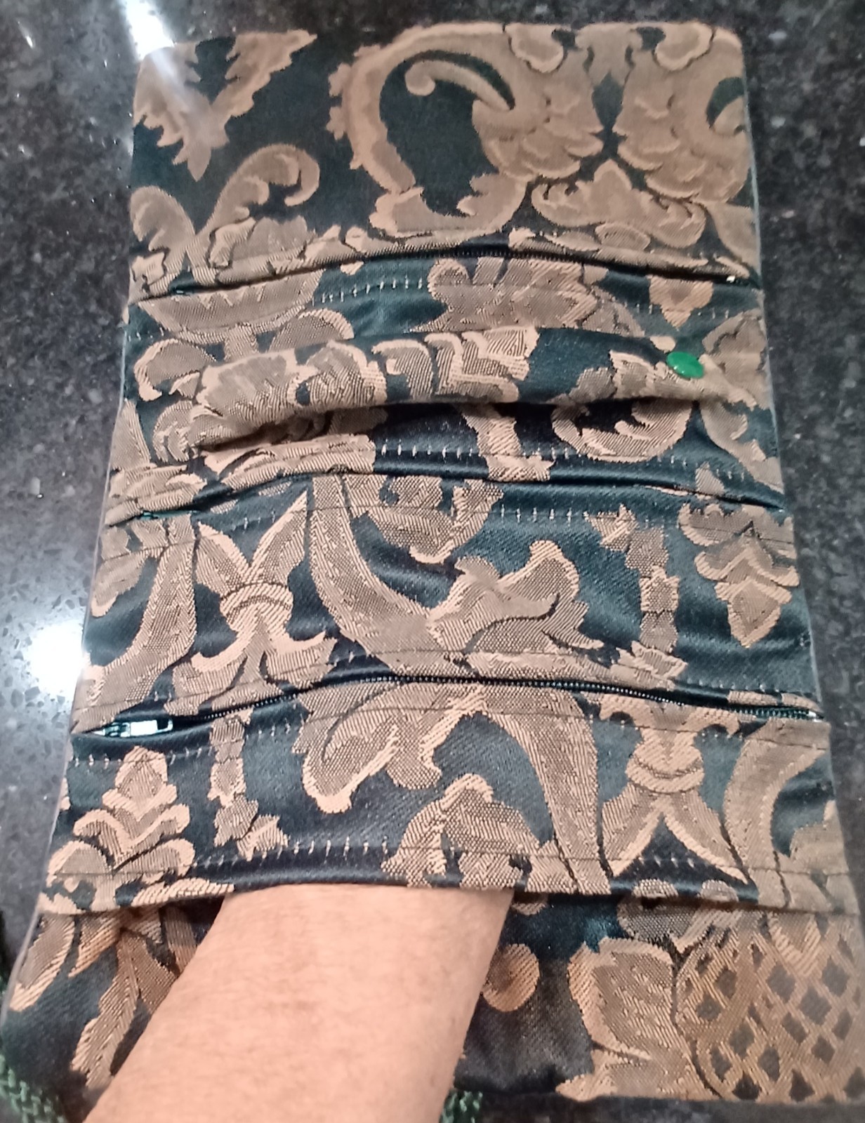 Vintage New Jewelry Roll, Travel Jewelry Roll Bag, Damask Green and Tan