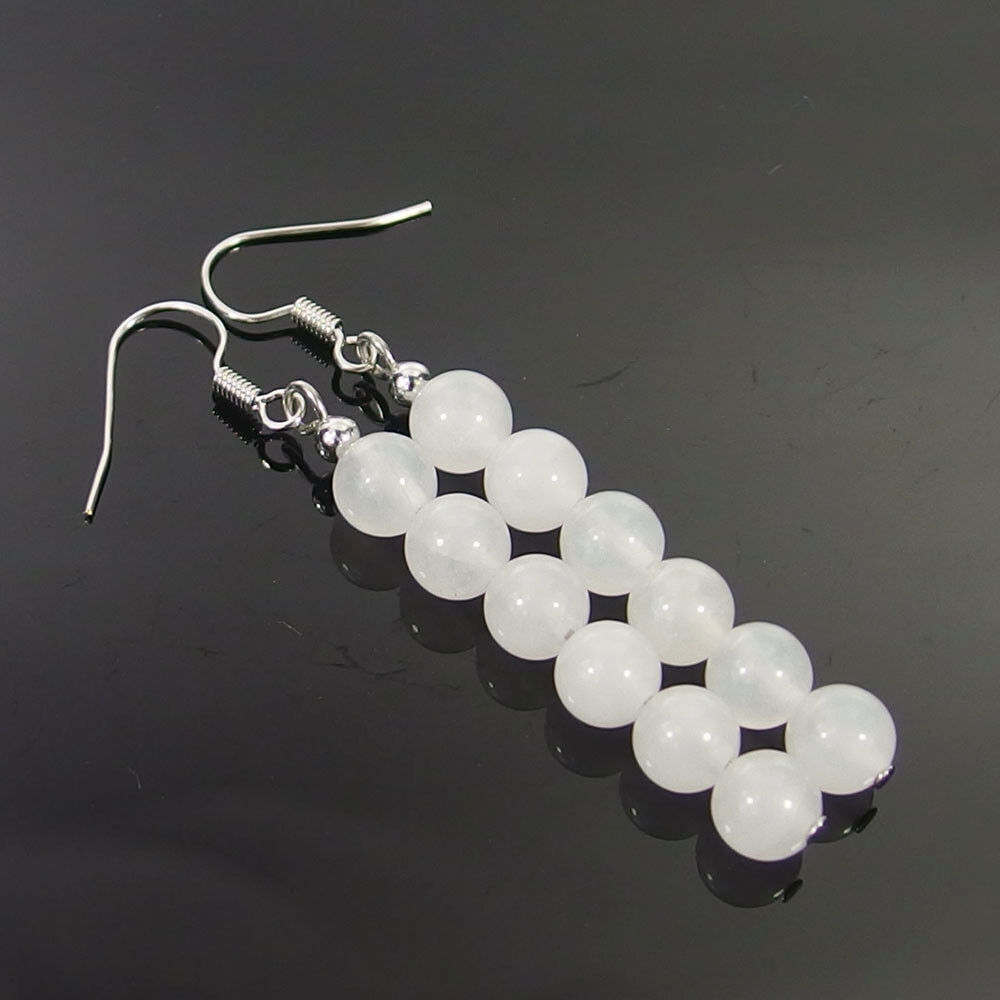 2Pairs 6/8mm Natural Gemstone Smooth Round Beads Silver Hook Dangle Earrings AAA