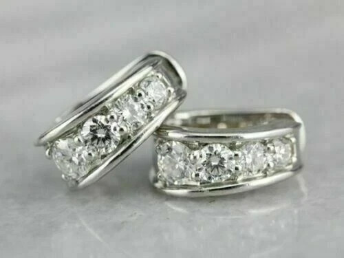 2.00Ct Round Cut Real Moissanite Women’s Hoop Earrings 14K White Gold Plated