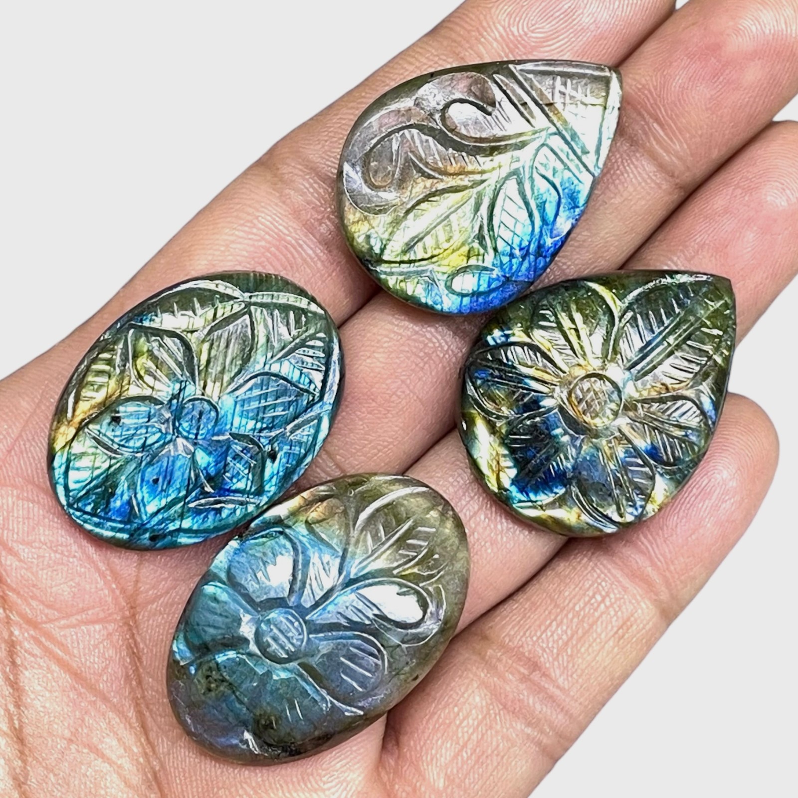 4 Pcs Natural Carved Labradorite 32-34mm Huge Pendant Size Loose Gemstones Lot