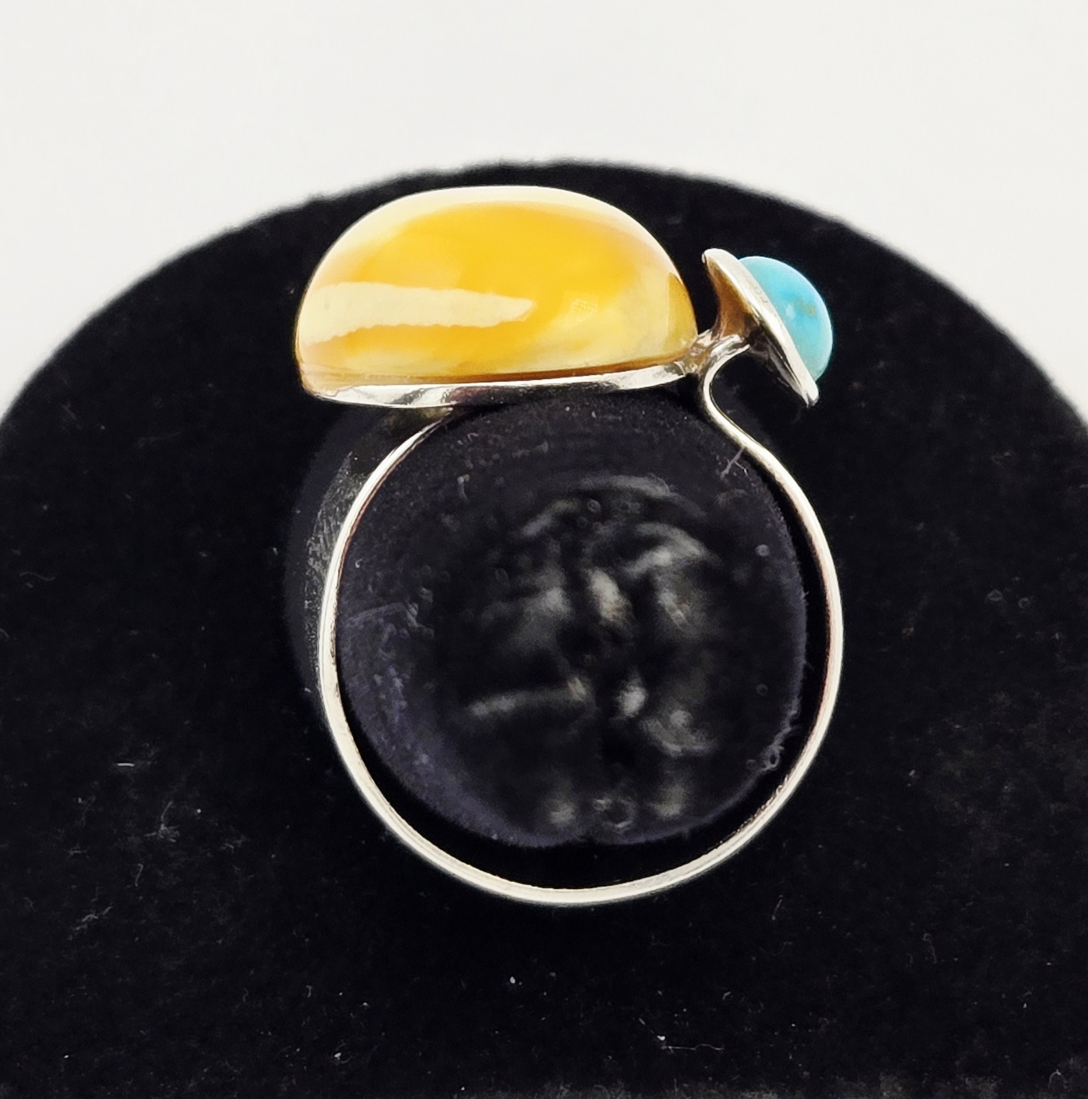 Vintage Butterscotch Baltic Amber Turquoise Sterling Silver Ring Size 9 – 8g