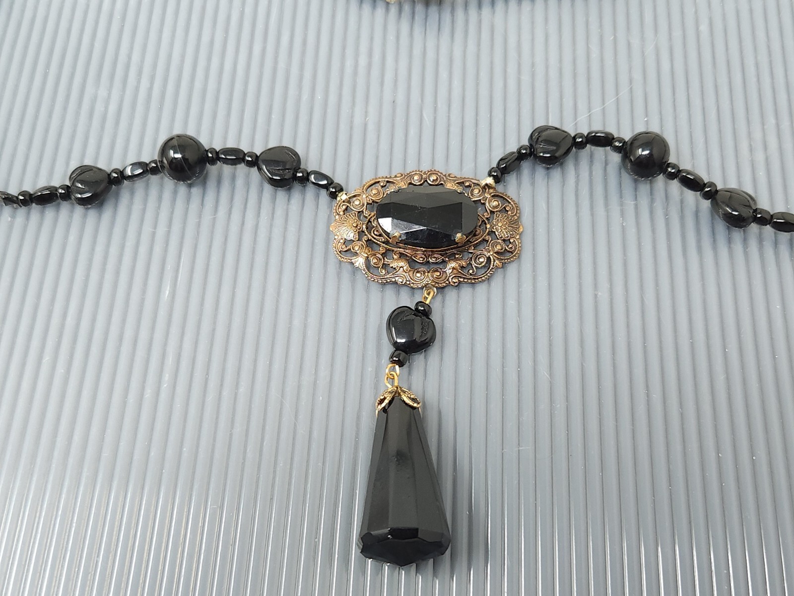 Vintage Victorian Mourning French Jet Glass Black Dangle Necklace 28″