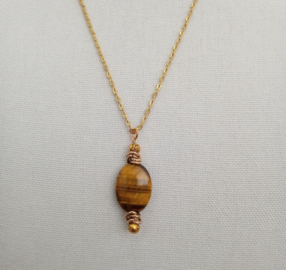 Handmade USA 24-inch Gold Color Chain Necklace Tiger Eye Oval Gemstone Bead