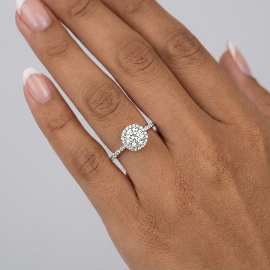 Side Stone Engagement Ring 14K Gold Halo 1.06 CT Round Lab-Grown Diamond D VS1