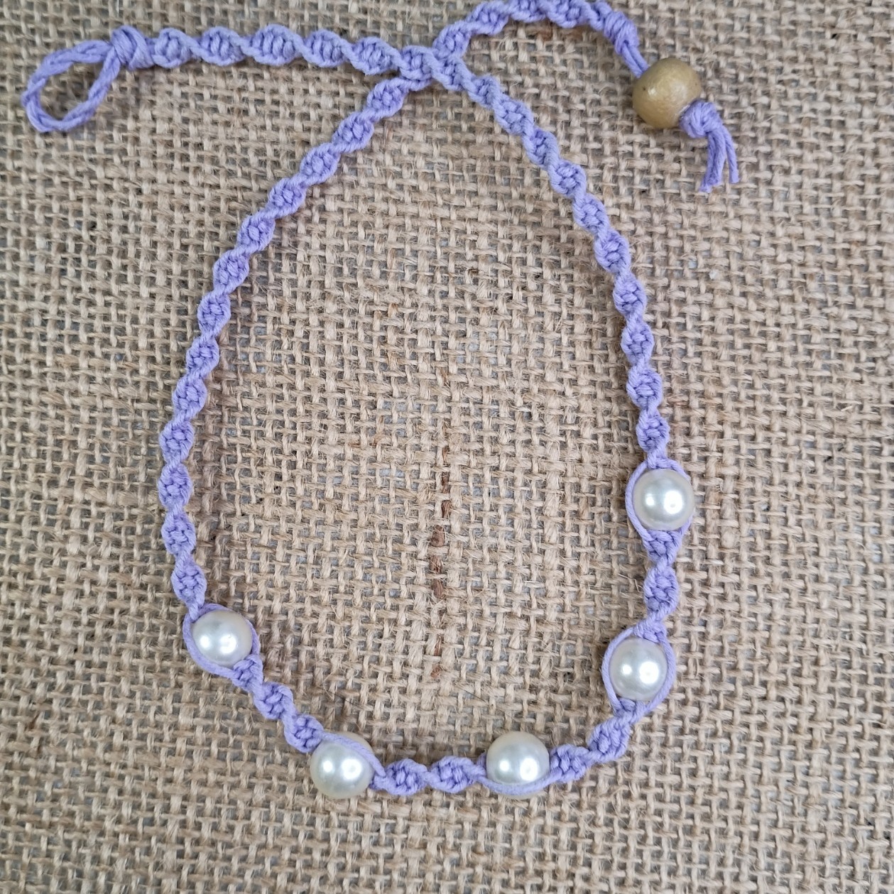 New Lavender Hemp Choker Necklace W/ Faux Pearl Beads 15 in Macrame Feminine