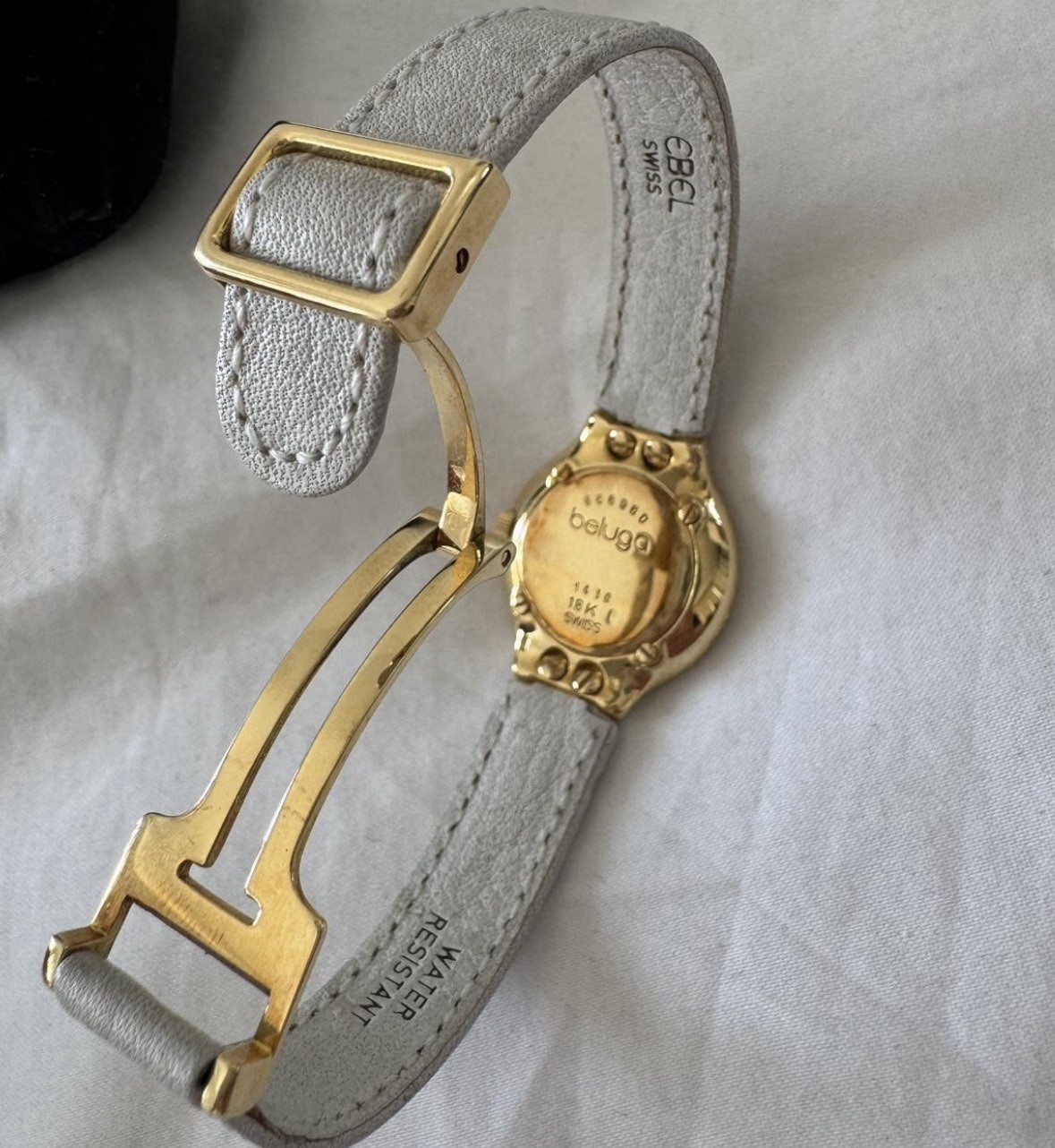 EBEL Beluga Vintage Quartz Gold Dial Roman Numerals Gem-Set Bezel White Leather