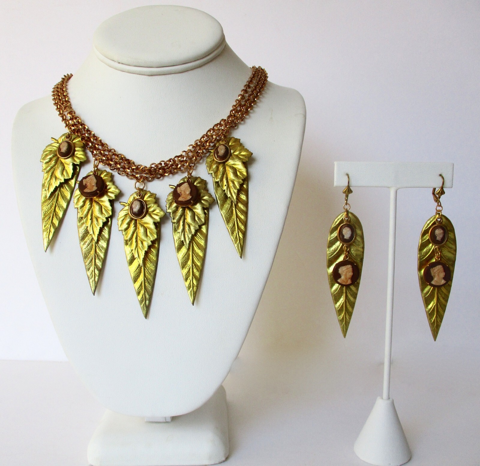 Vintage Jewelry Set: Brass Leaf Necklace With Cameos & Matching Earrings/Boho/