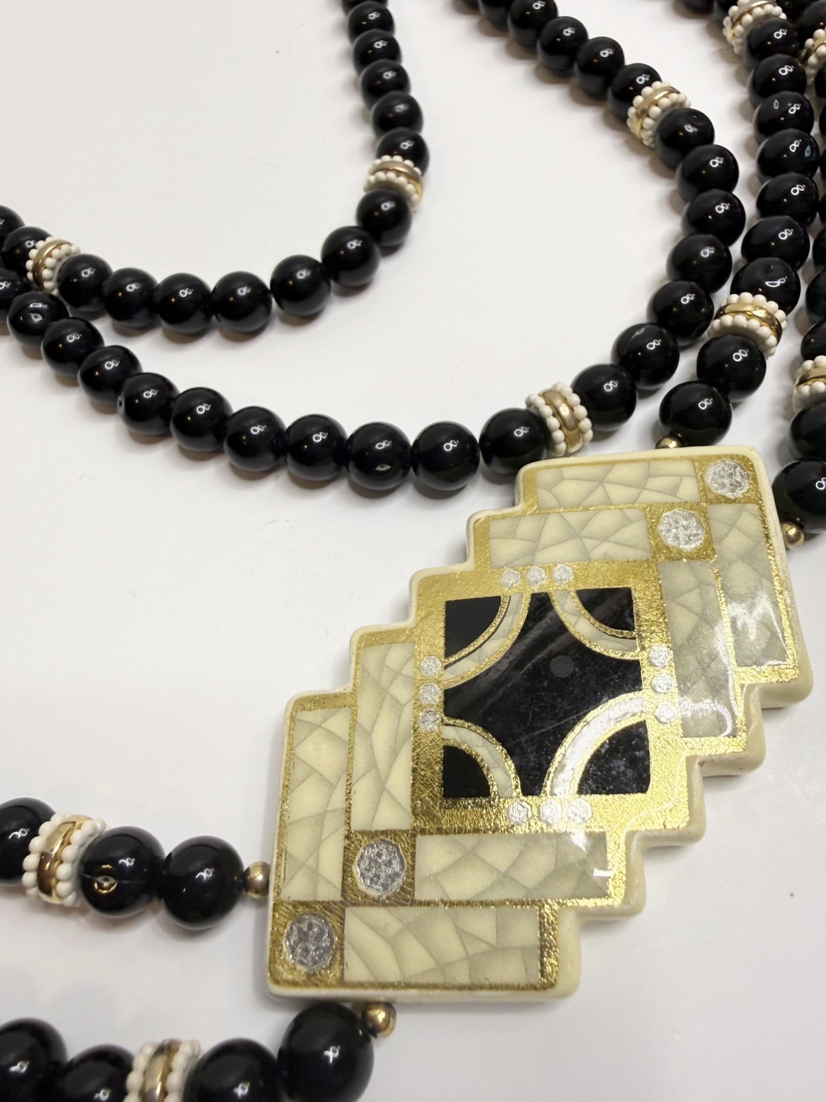 Vintage Japan Black Bead Double Strand Necklace Chunky Geometric Art Deco Style