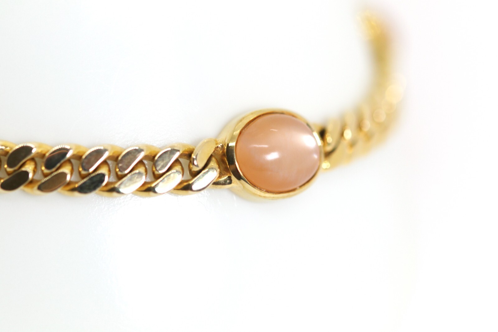 Flat Curb Link Bracelet Yellow Gold Rose Quartz Cabochon 14kt – 585, L: 20cm
