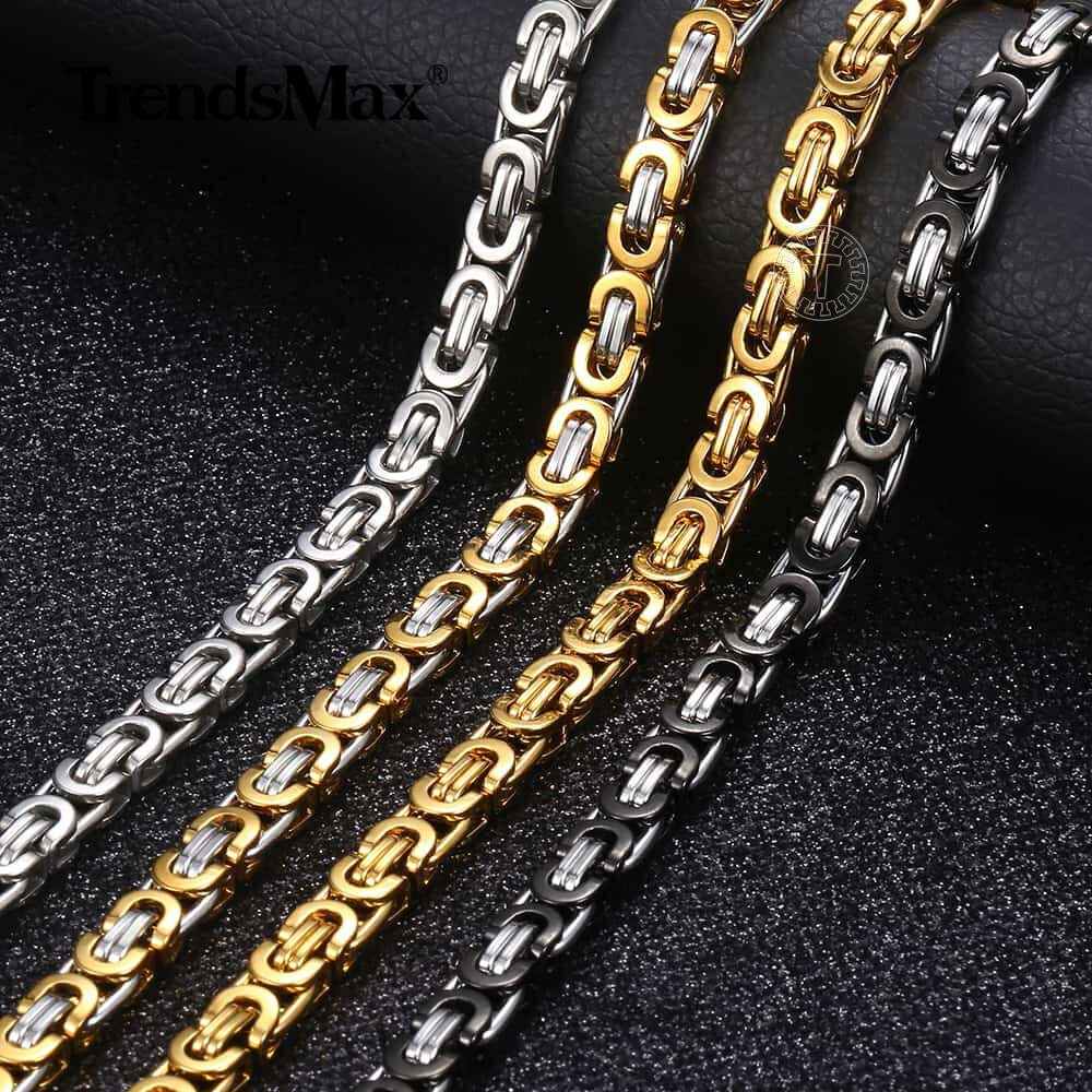 Heavy Black/Silver/Gold Plated Stainless Steel Flat Byzantine Chain Necklace