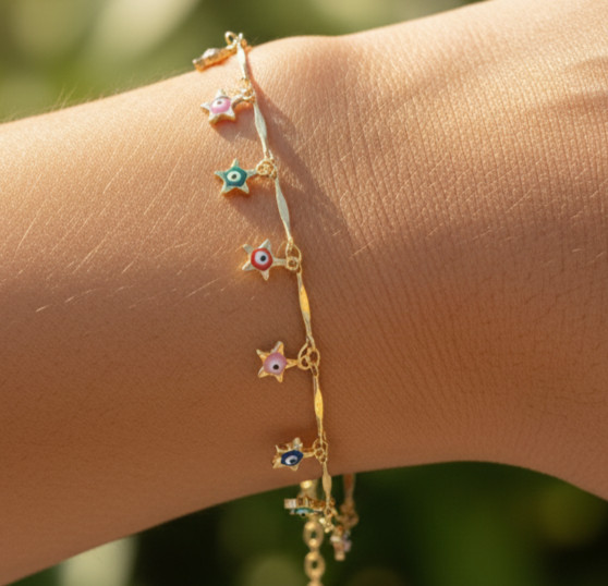Charming Floral Evil Eye Bracelet Gold Plated Designer Multi-Color Chain