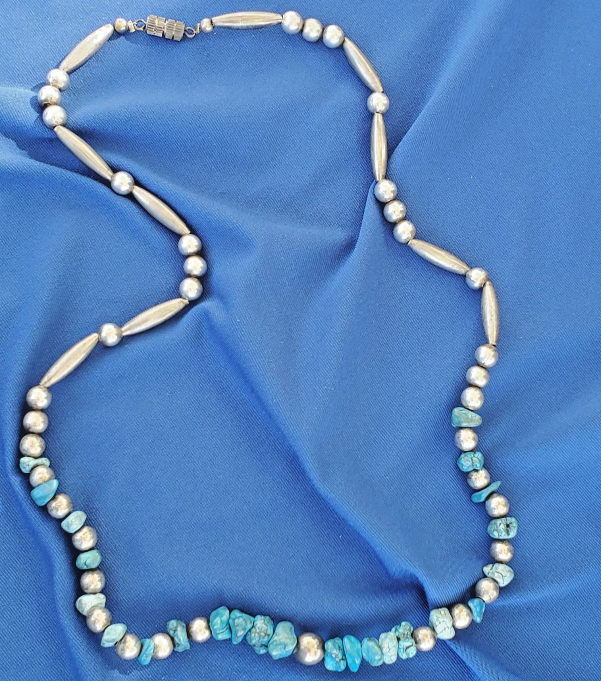 Original NATIVE VINTAGE NAVAJO TURQUOISE STERLING SILVER Beads NECKLACE 21″ INCH
