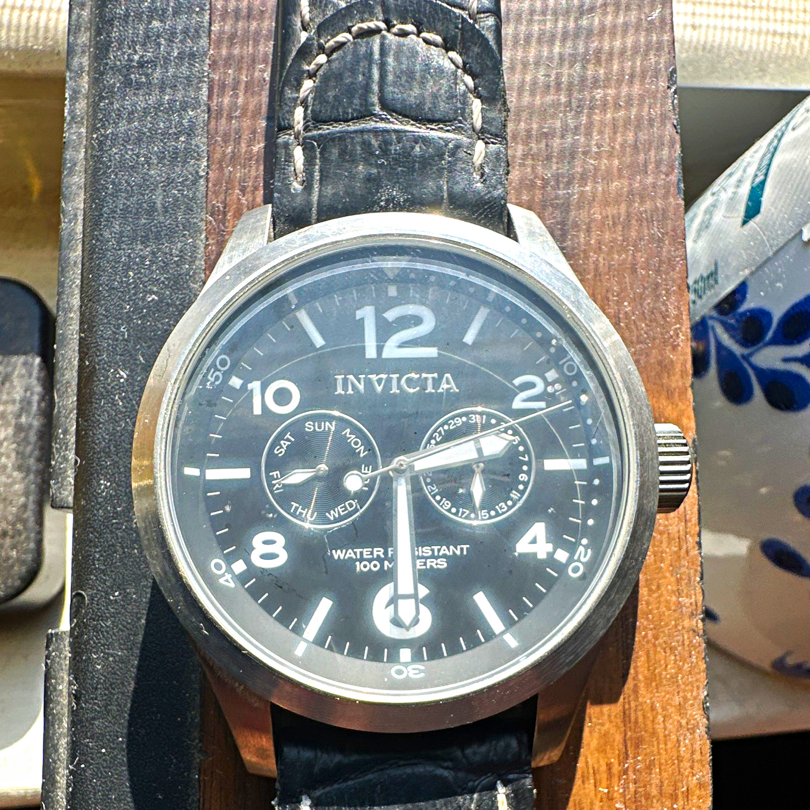 Invicta Aviator Men’s Quartz 44mm Black Dial Day/Date 100m Leather Strap