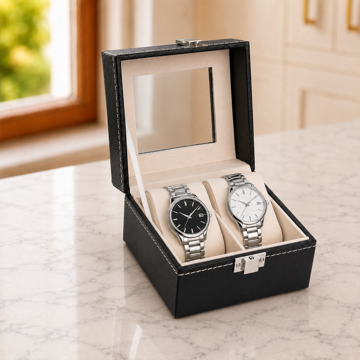 Couples Watch Box 2 Slot PU Leather Glass Top Collection Display Case