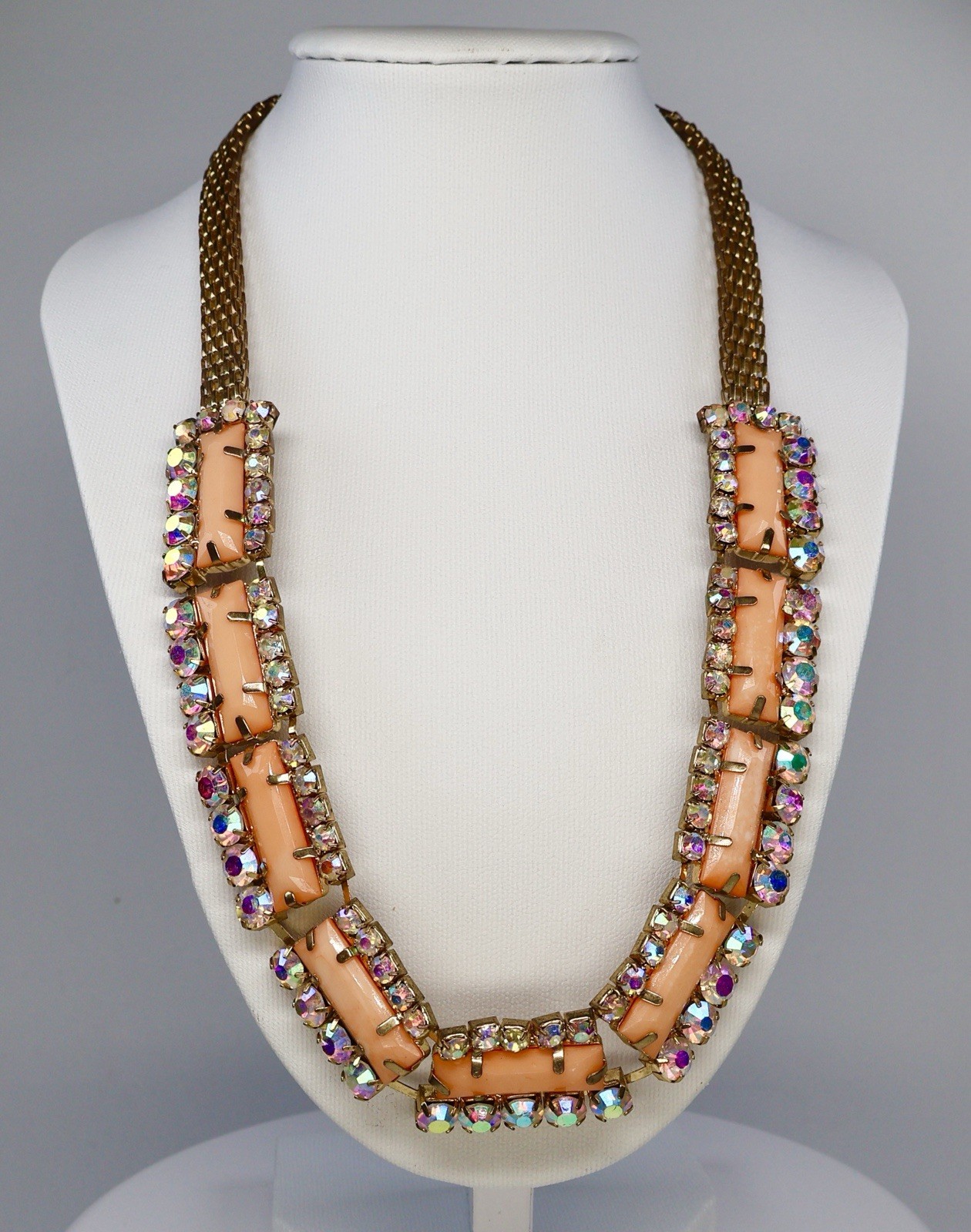 Vintage Statement Necklace AB Rhinestones Orange Peach Acrylic Baguette 18″