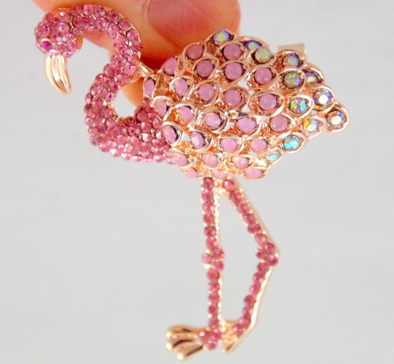 2 1/8″ NWOT PINK & AB RHINESTONE & GOLD TONE PINK FLAMINGO BIRD BROOCH PIN