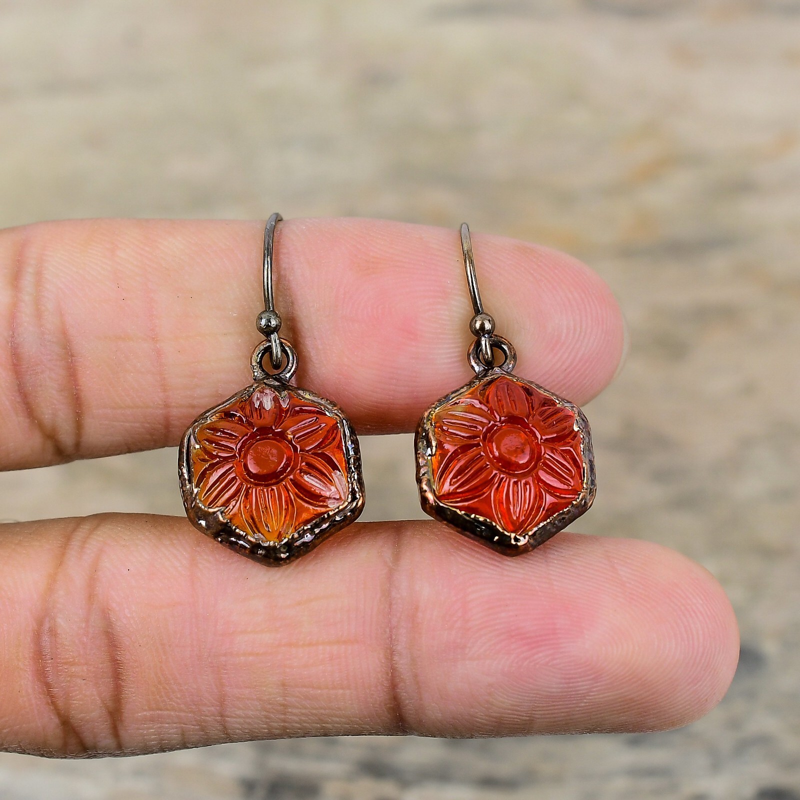 Copper Carved Red Onyx Stone Mother Dangle Drop Electroformed Earrings Jewelry