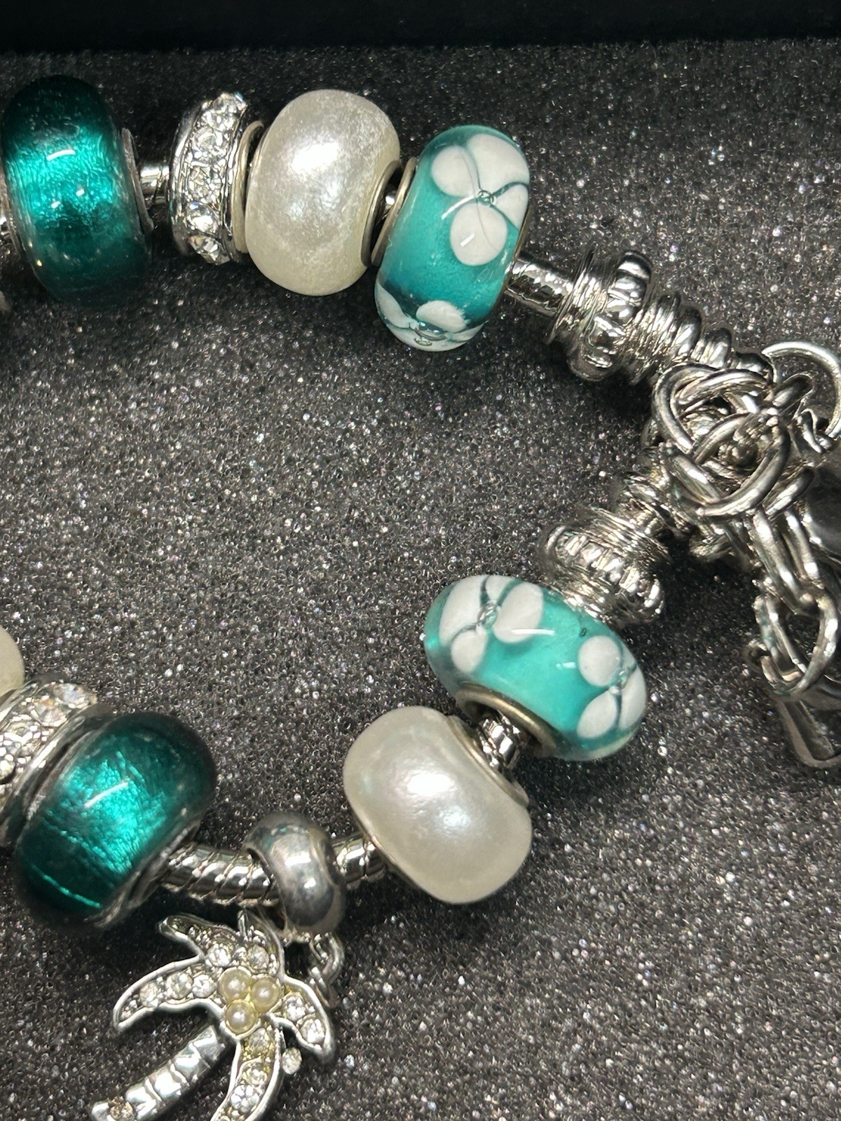 Bella Perlina Green/Silver Charm Bracelet With Palm Tree Rhinestone Accent