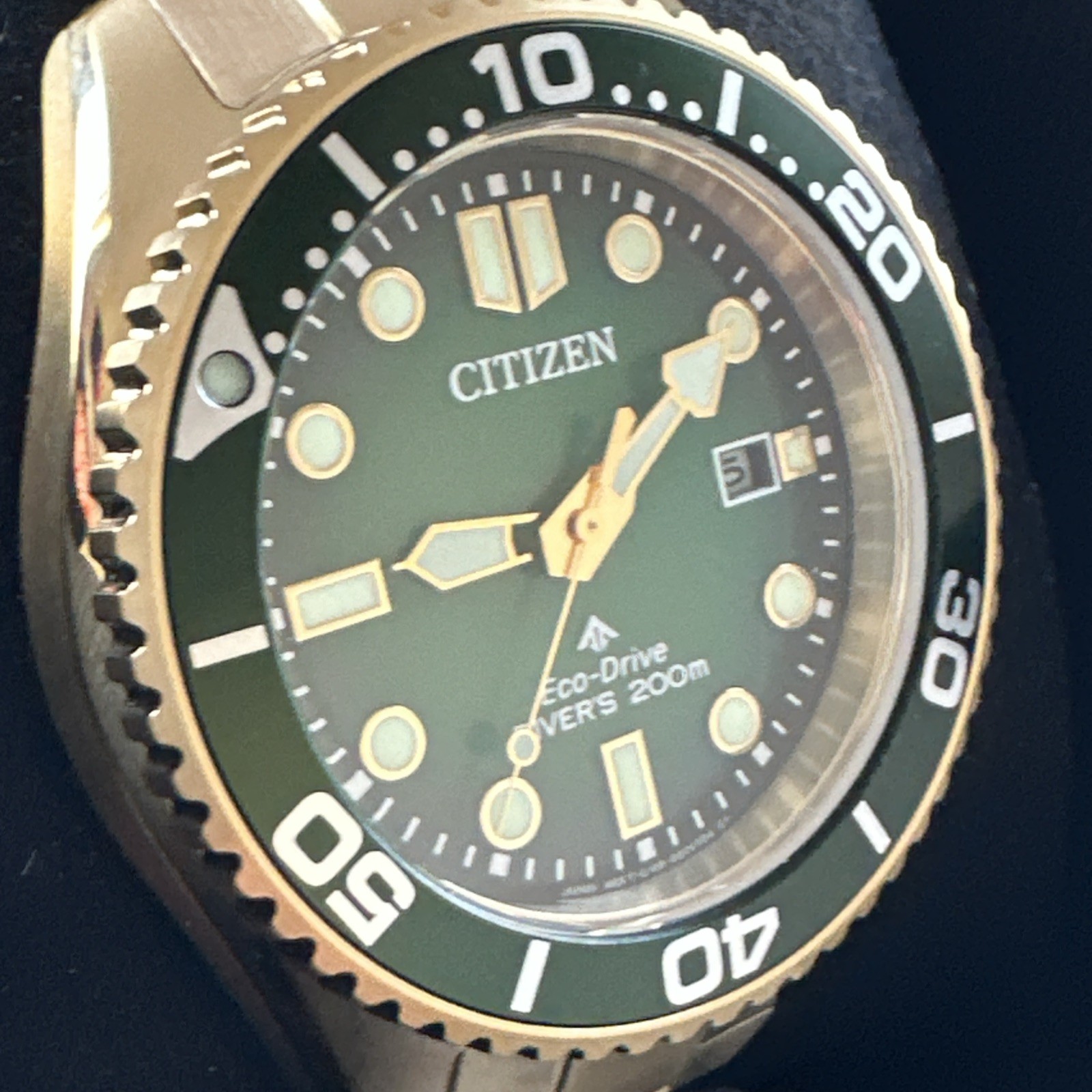Citizen ProMaster Dive Timepiece Green Dial Gold Stainless Mens Watch BN0262-59W