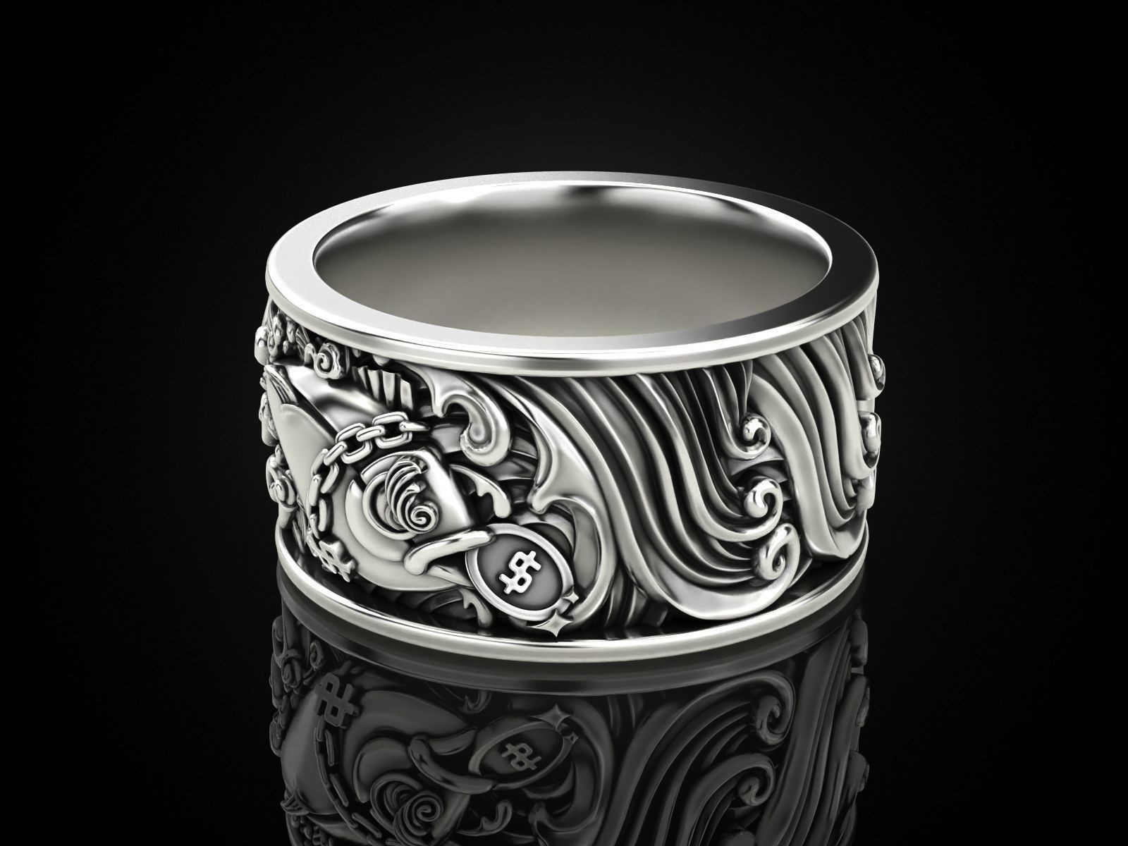 Oxidized Mens Money Grabbing Fish Gothic Punk 925Sterling Silver Statement Rings