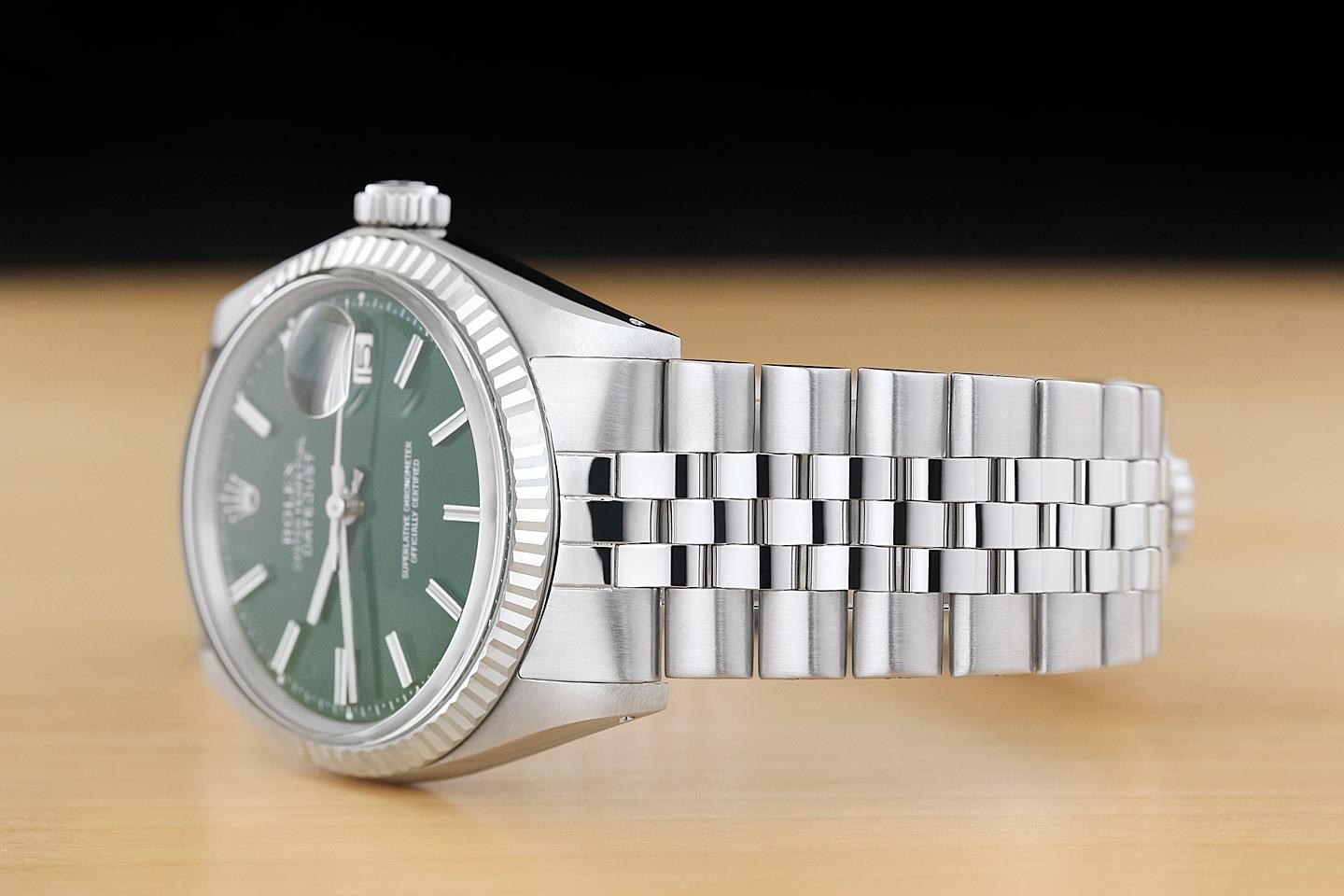 ROLEX DATEJUST 1601 18K WHITE GOLD STEEL GREEN DIAL FOLDED BRACELET WATCH