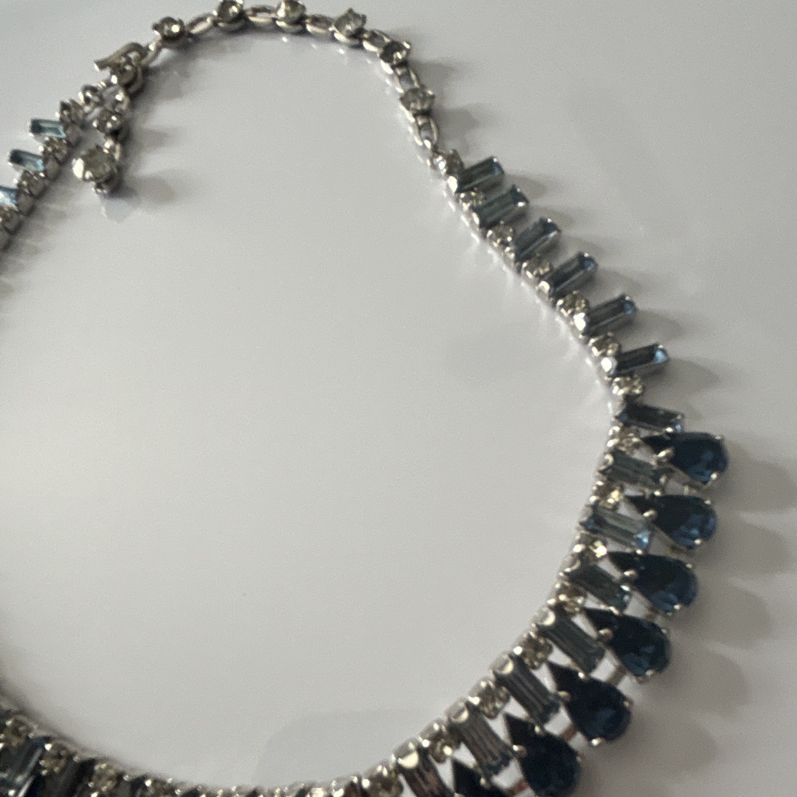 Silver Tone Blue Crystal Rhinestone Tennis Necklace Lobster Adjustable