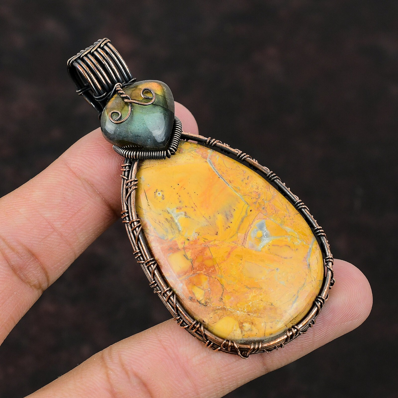 Gift For Her Copper Maligano Jasper Gemstone Jewelry Wire Wrapped Pendant 3.07″