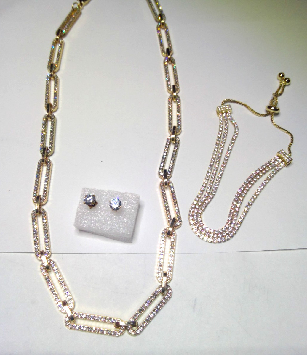 Paper Clip Clear Austrian Crystal Necklace, Bracelet & Earrings
