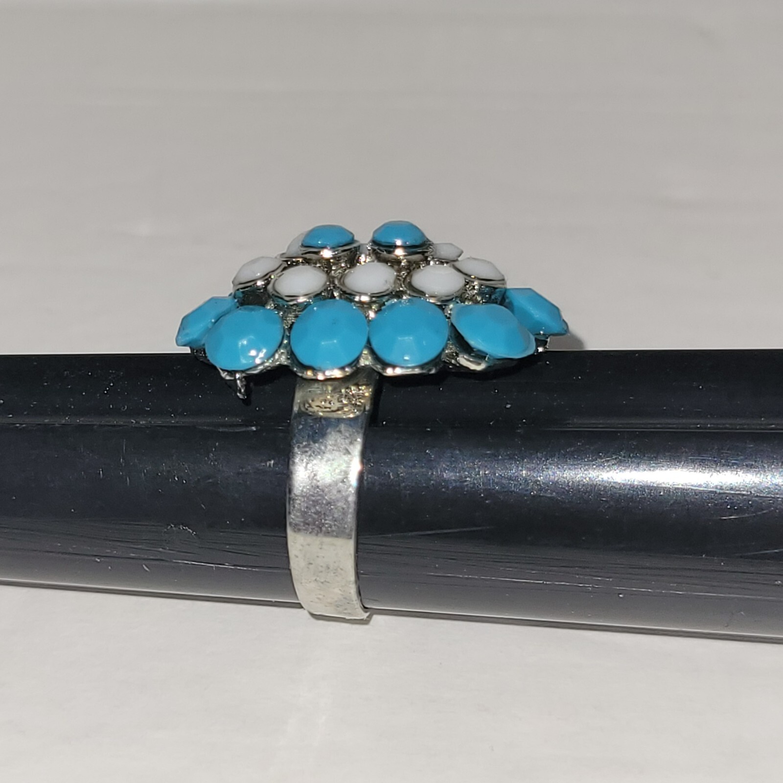 Fashion Ring Cocktail Blue White Silver Tone Adjustable