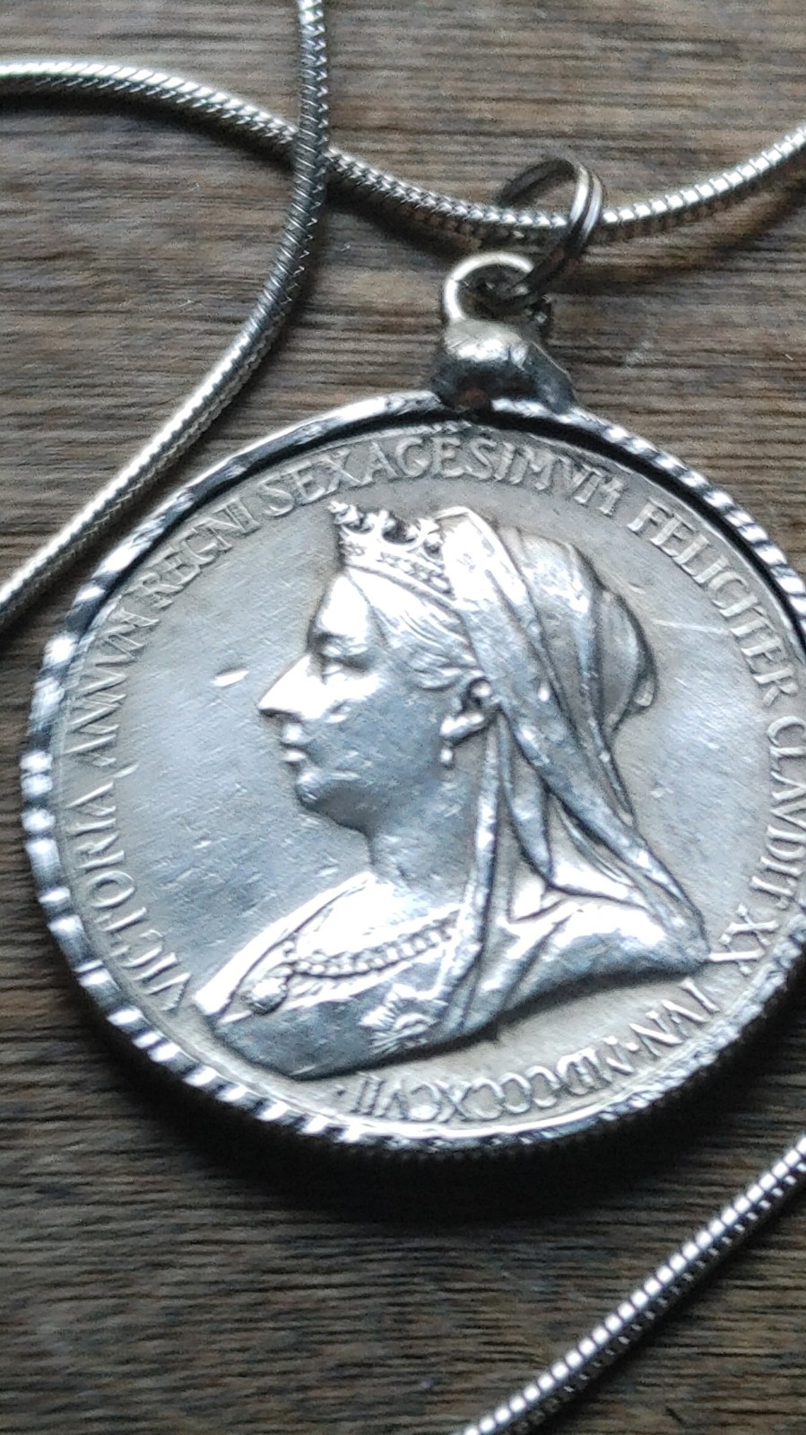 1837-1887 Queen Victoria English Silver Jubilee Pendant 28″ Sterling Snake Chain