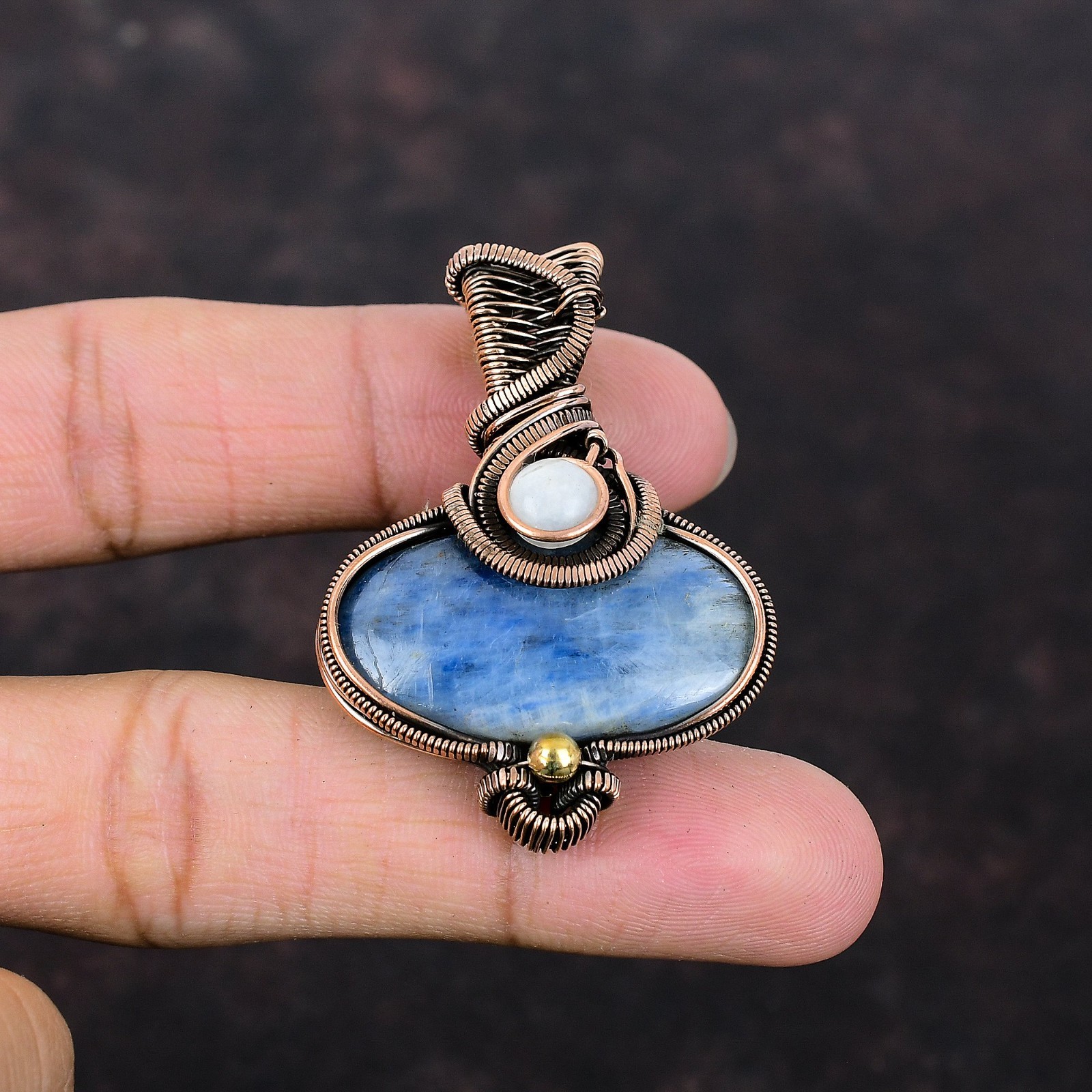 Oval Kyanite Stone Rainbow Moonstone Copper Wire Wrapped Wife Pendant Jewelry