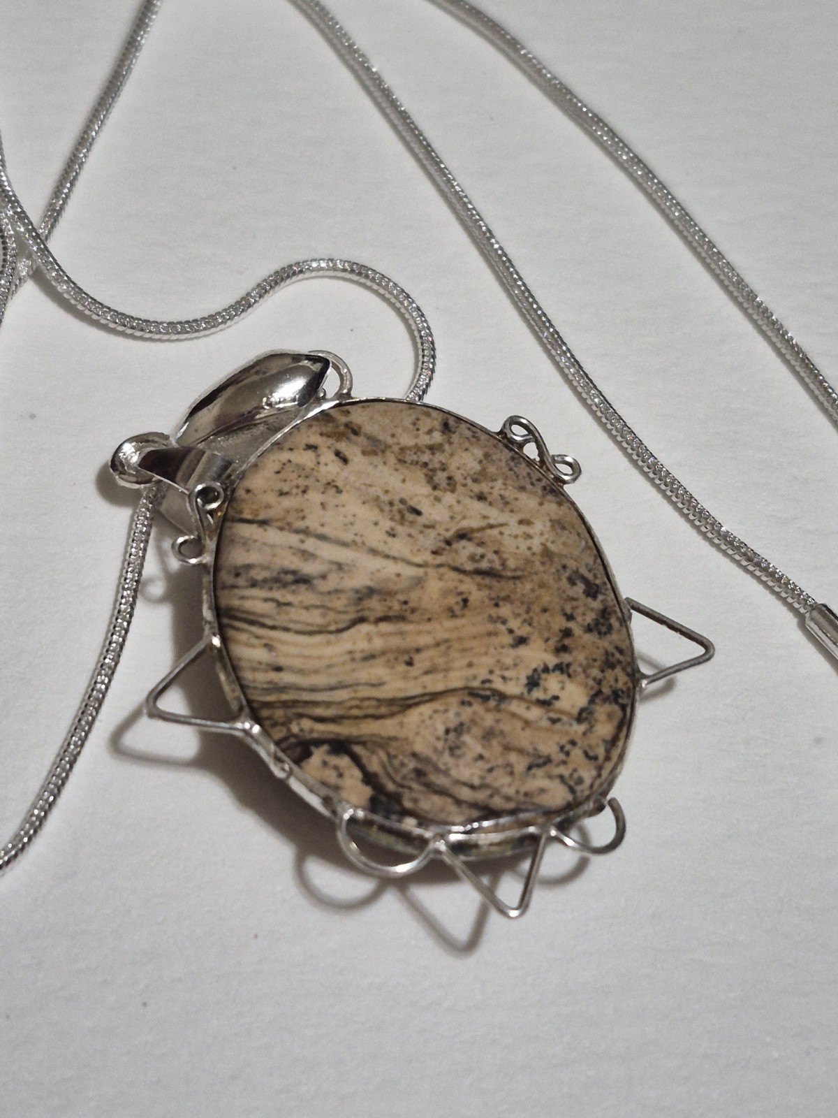 925 Sterling Silver Picture Jasper Pendant Necklace Artisan Wire Frame Oval