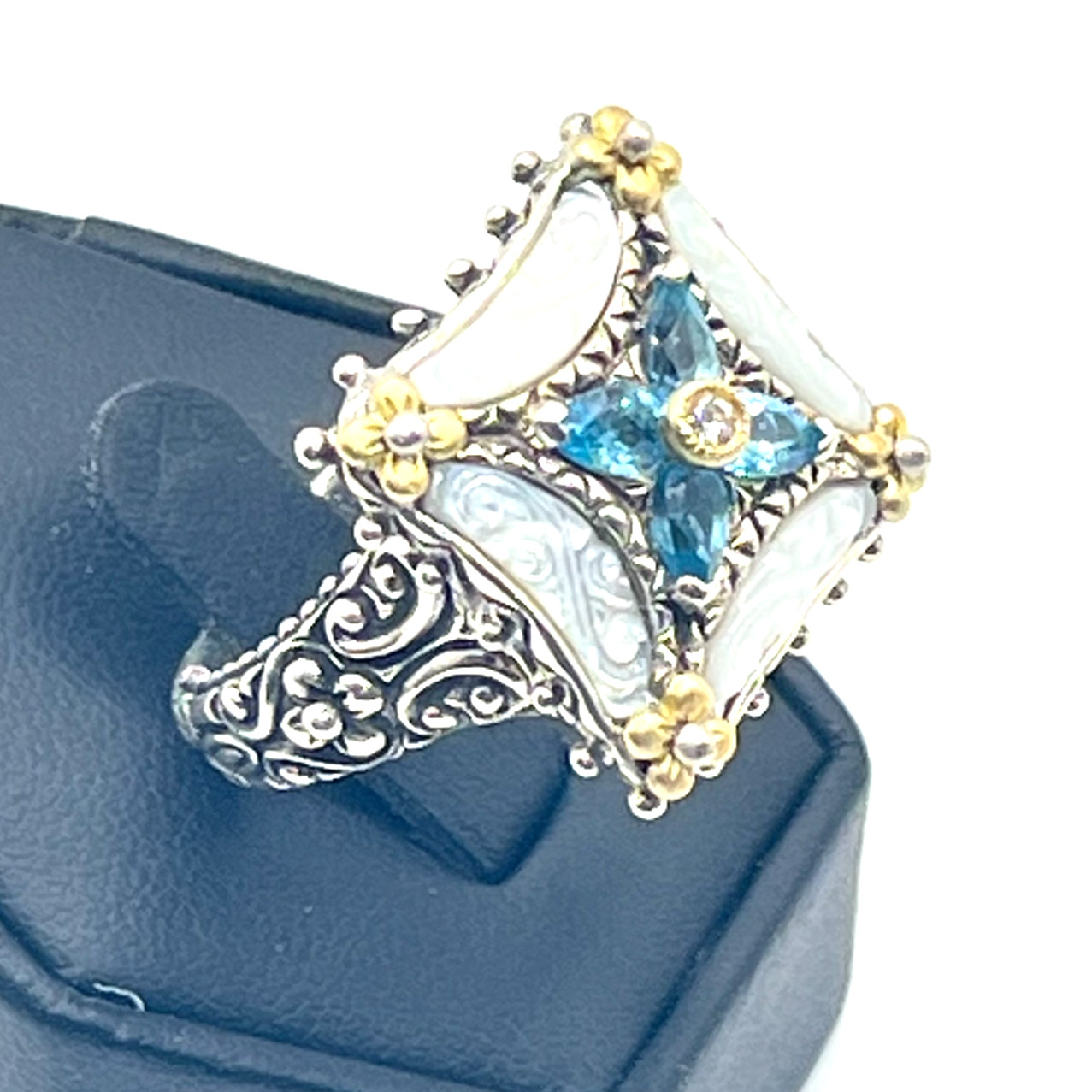 Barbara Bixby Size 8 Carved MOP & Blue Topaz Lotus Square Sterling 925 & 18k