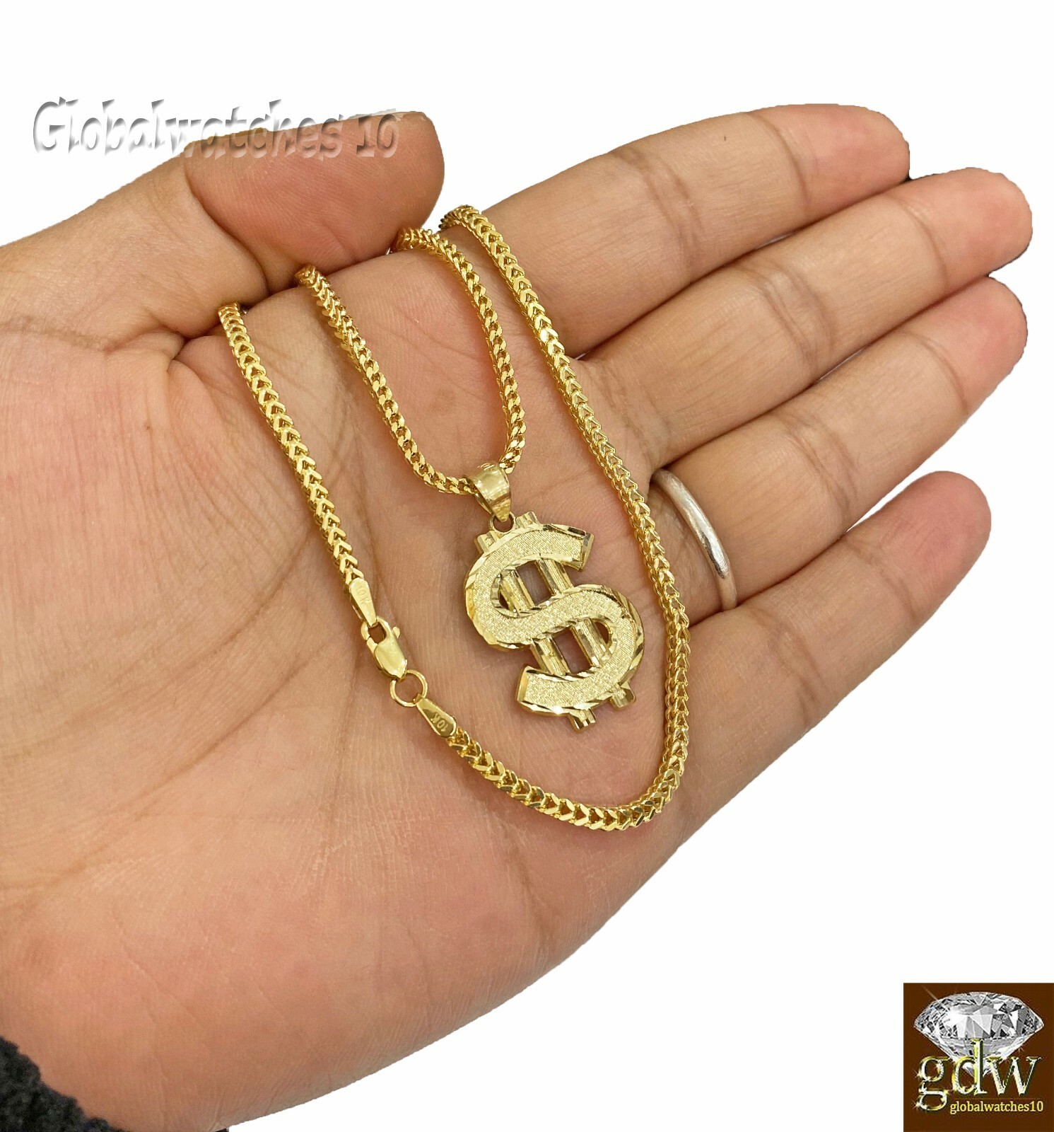 10k Gold Charm Pendant Dollar Money Sign with Franco Chain in 20 22 24 26 Inch