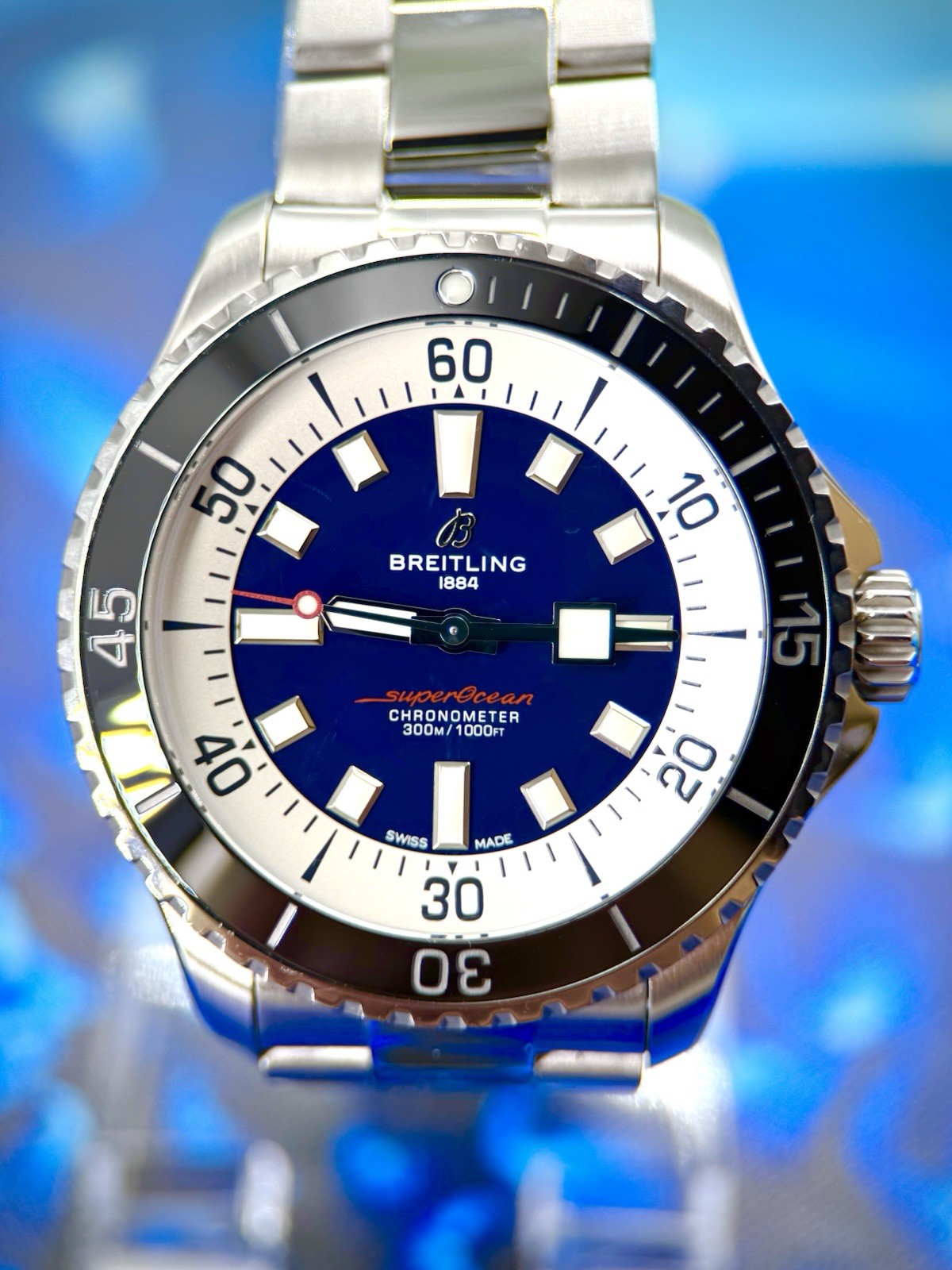 Breitling Superocean Automatic 44 300m Blue Dial Steel Bracelet Box Papers