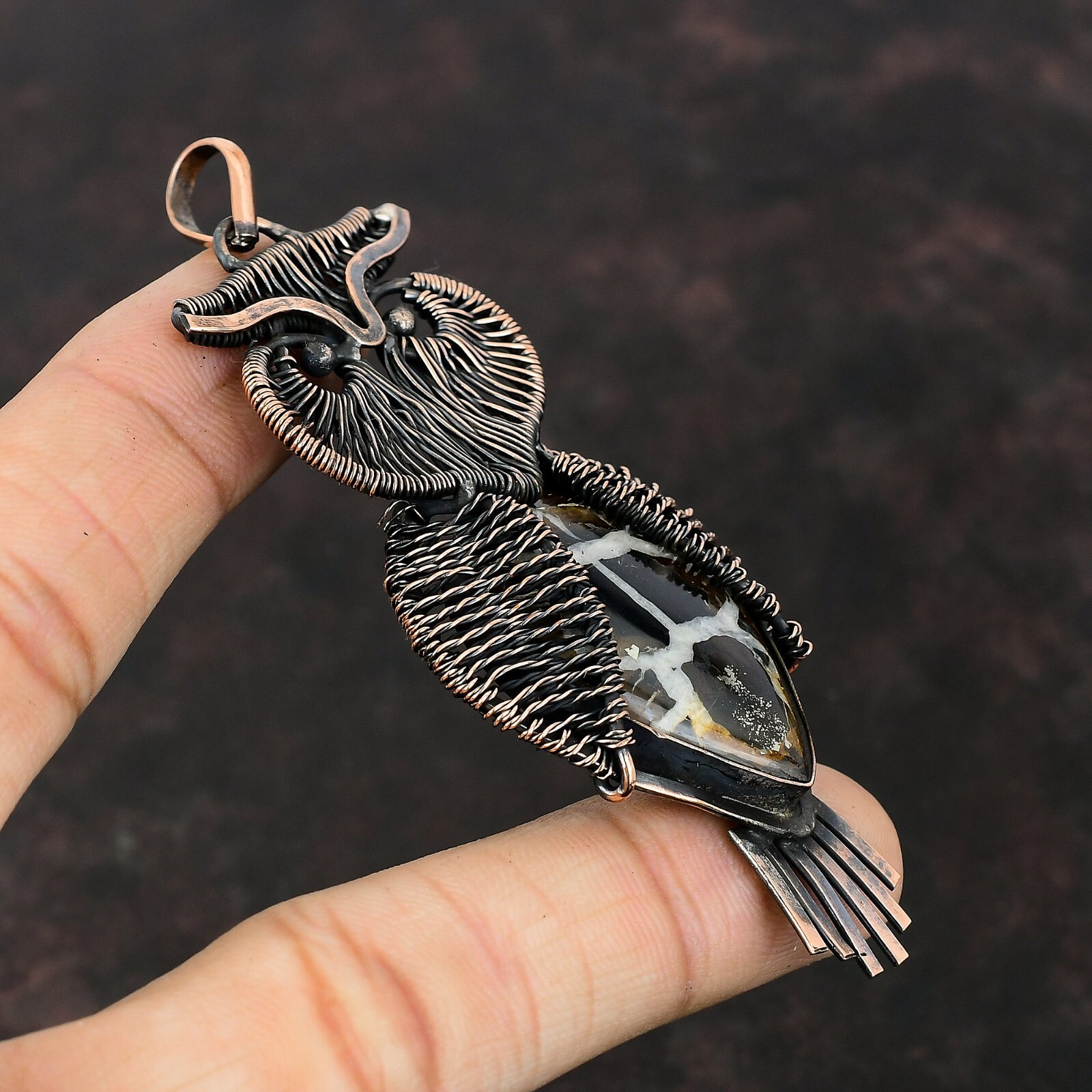 Moroccan Mud Crack Fossil Copper Mother Gift Wire Wrapped Owl Pendant 3.62″