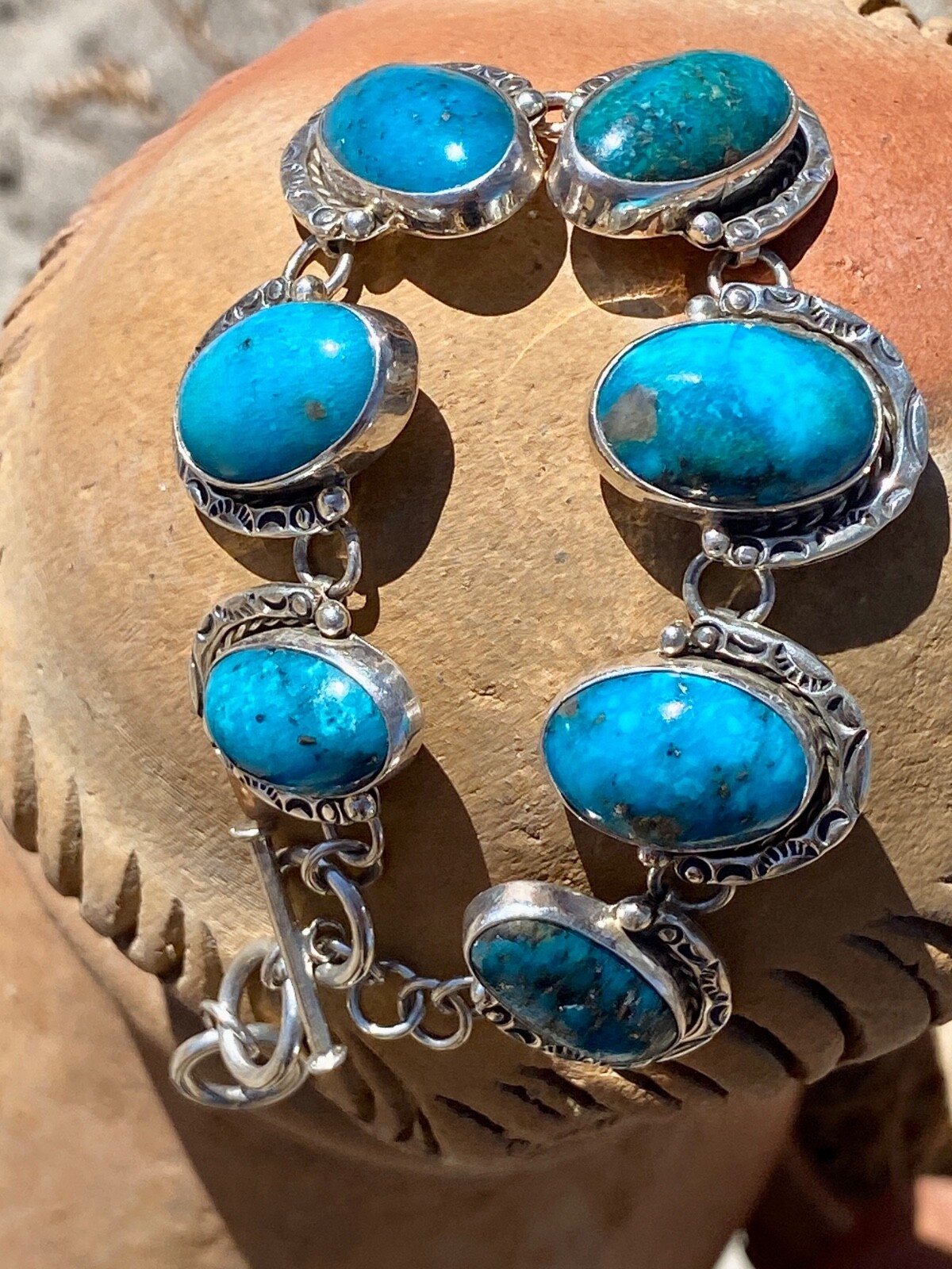 49.05 Gram Turquoise Persian Blue Cabochon Bracelet Bezel Sterling Silver Ttl Wt