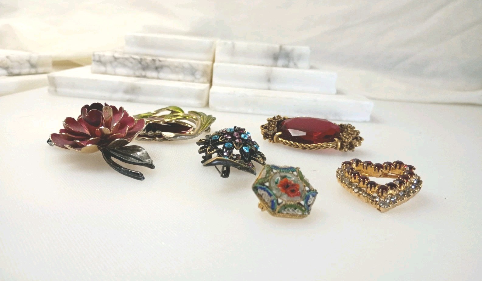 Vintage To Current Brooches Lot of 6 Rhinestone Glass Enamel Paint Gold Fill