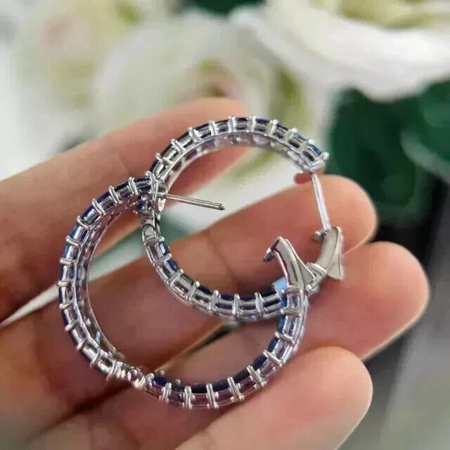 2Ct Emerald Cut Lab-Created Blue Sapphire Hoop Earrings 14K White Gold Plated