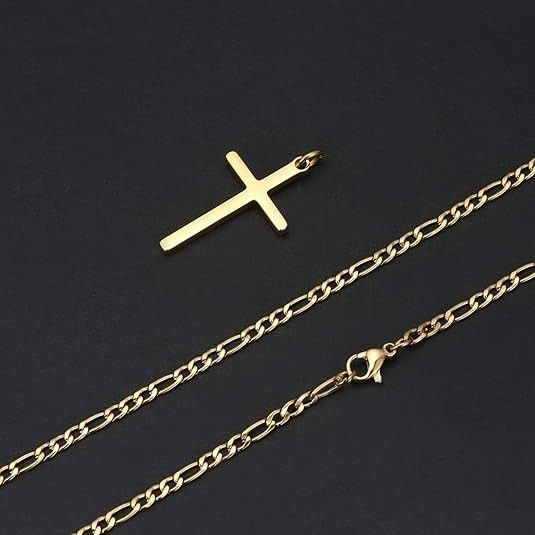 Collar de cruz chapado en oro de 14 quilates para hombre, cadena Figaro de acero