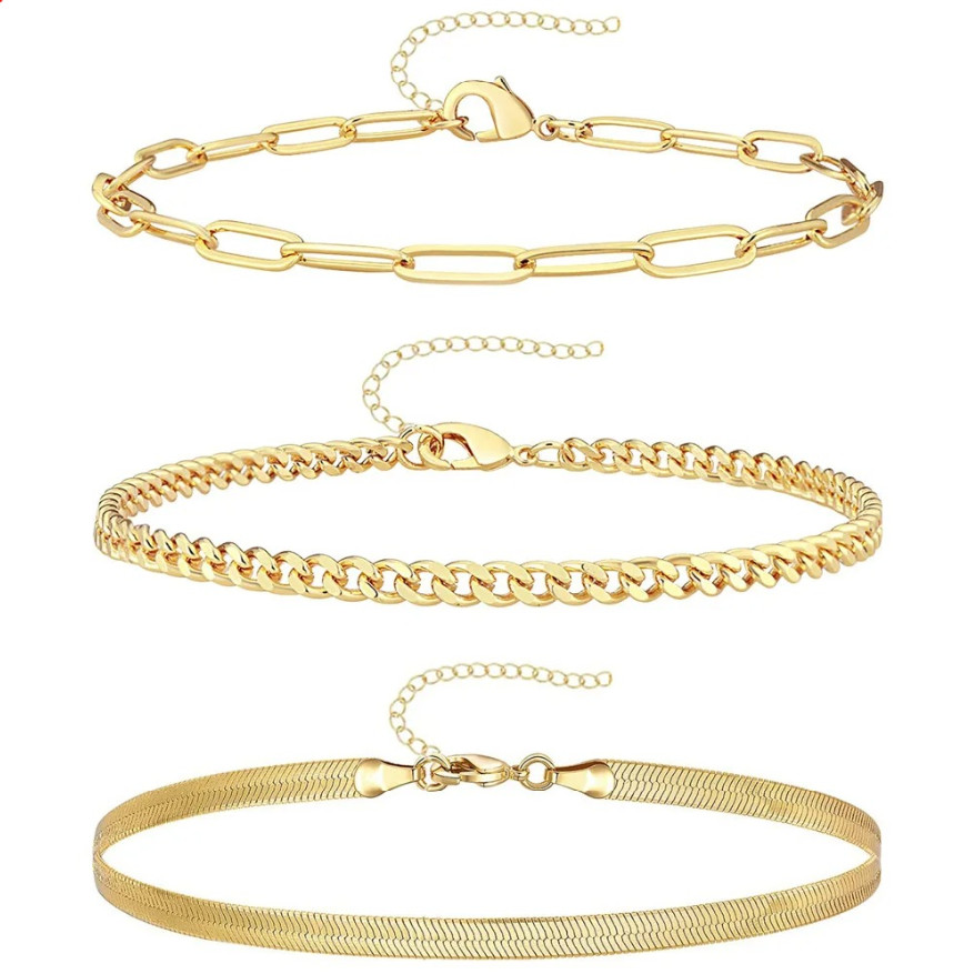 3pcs Stainless Steel Anklet Set – Snake & Rope Chain Ankle Bracelets for Women