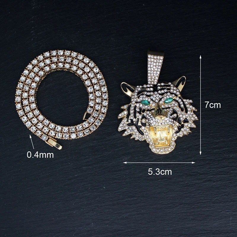 Iced Out Tiger Head Pendant Chain Silver Cuban Link Hip Hop Necklace Bling