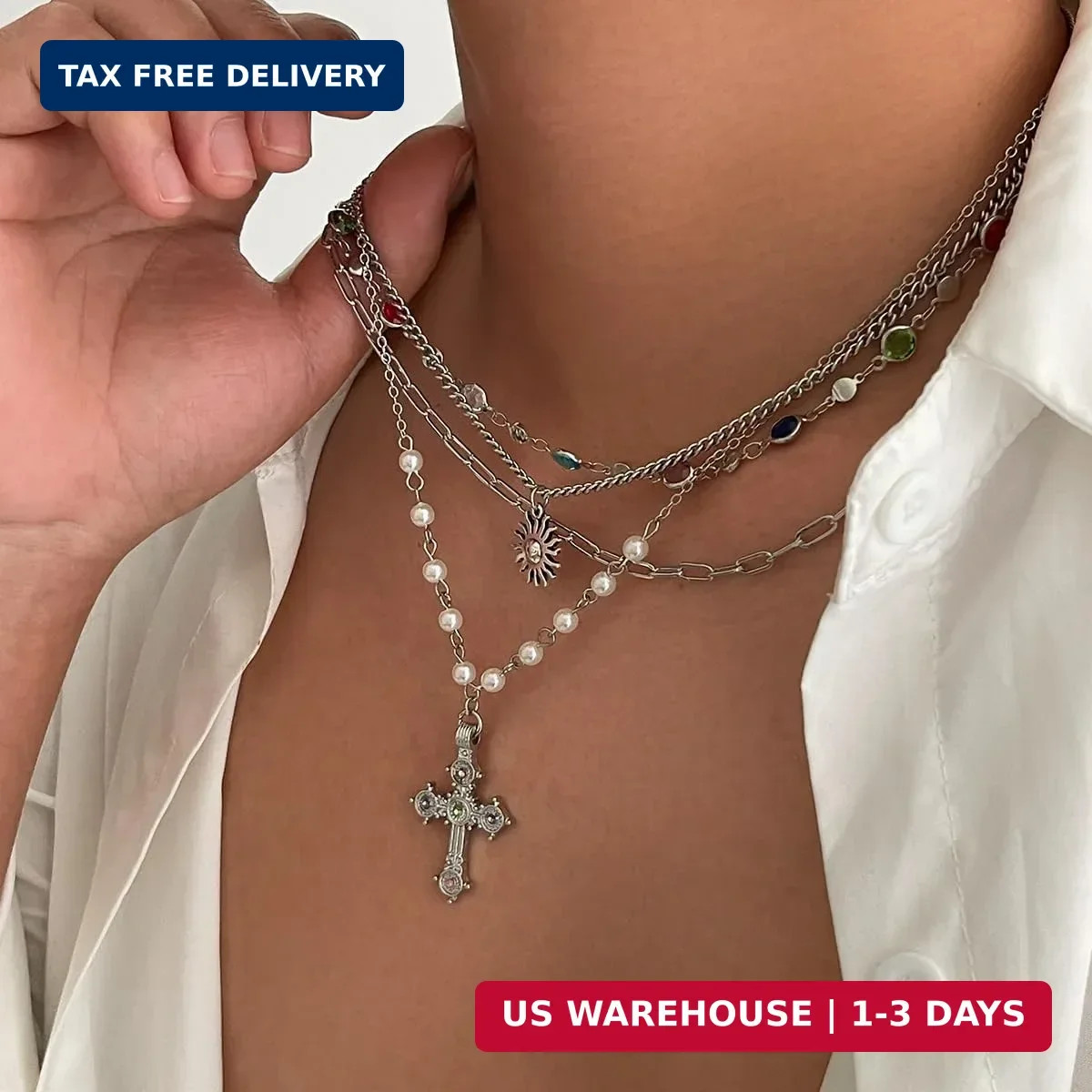 MODRSA Gold Stacked Layered Necklaces for Women Pearl Pendant Charm Cross Lariat