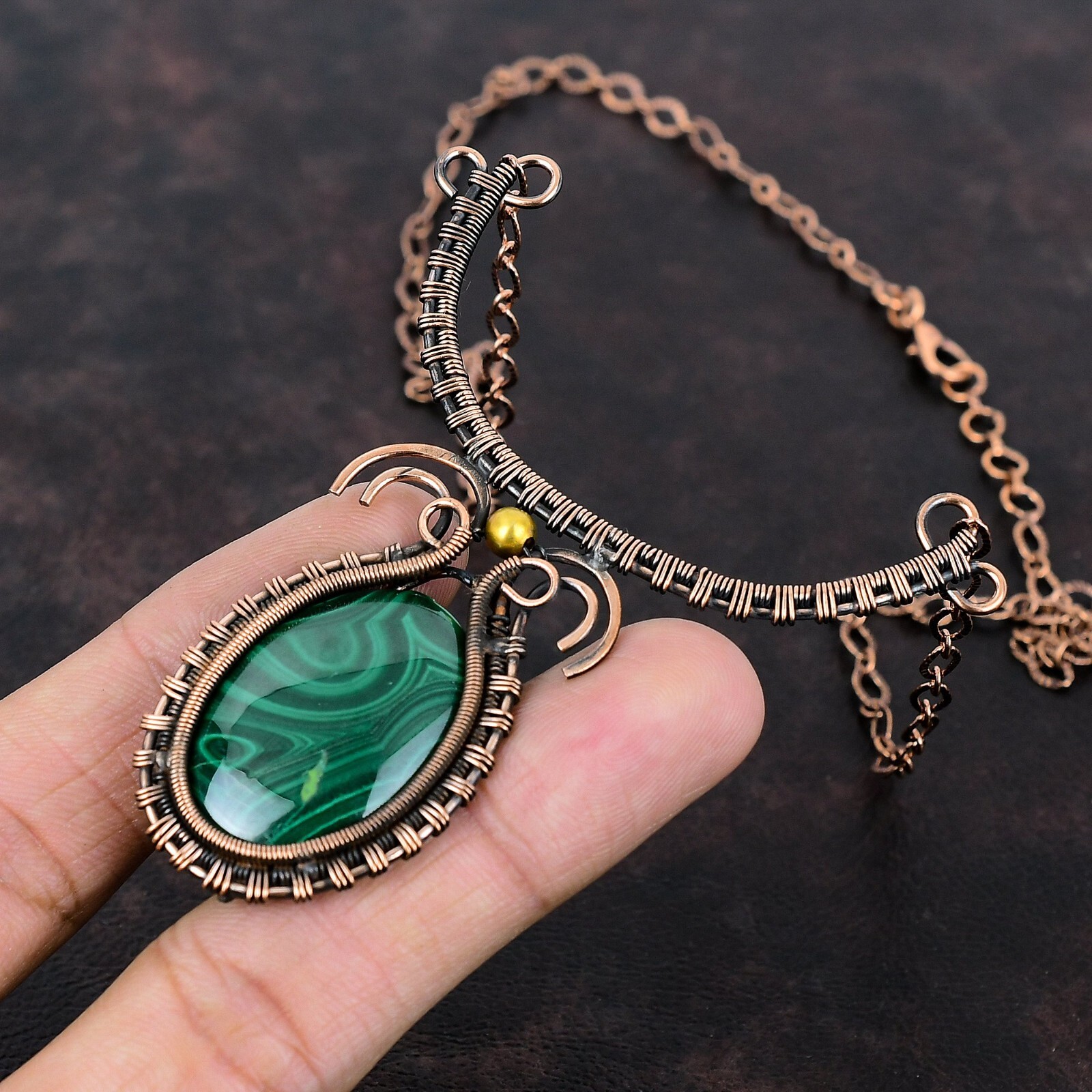 Russian Malachite Copper Love Gift Wire Wrapped Adjustable Necklace 18.0″