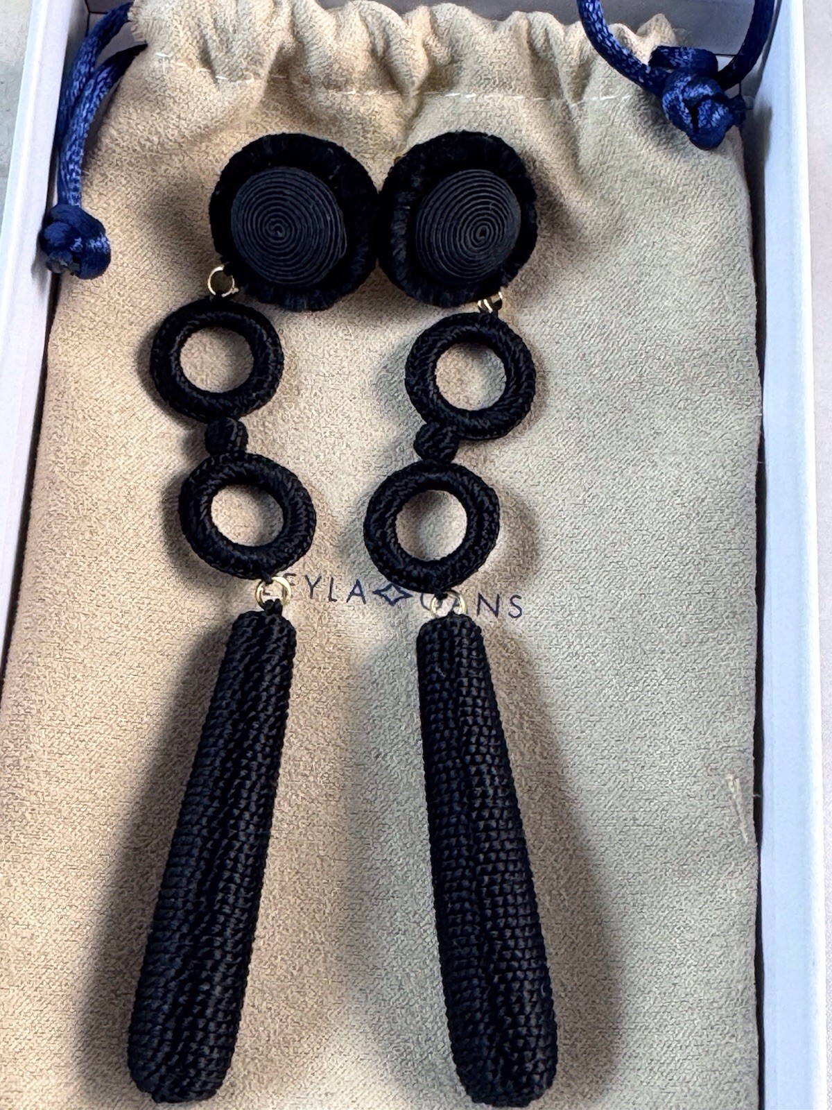 LEYLA GANS Gold Tone Amelie Wrapped Cord Drop Earrings ~ Black silk cord~Pierced